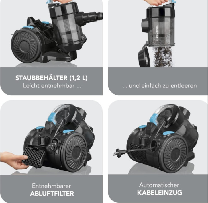 CLEANmaxx Zyklon-Staubsauger 800W Beutellos EPA- und Abluftfilter schwarz