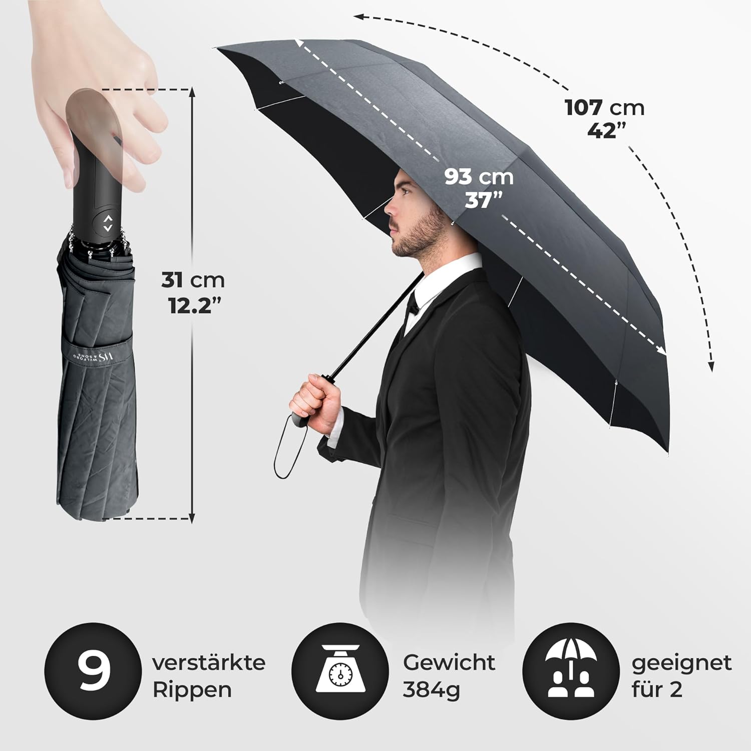 Wilford & Sons Regenschirm Taschenschirm Sturmfest + Auf-Zu Automatik Reiseschirm Taschenregenschirm Golfschirm Umbrella