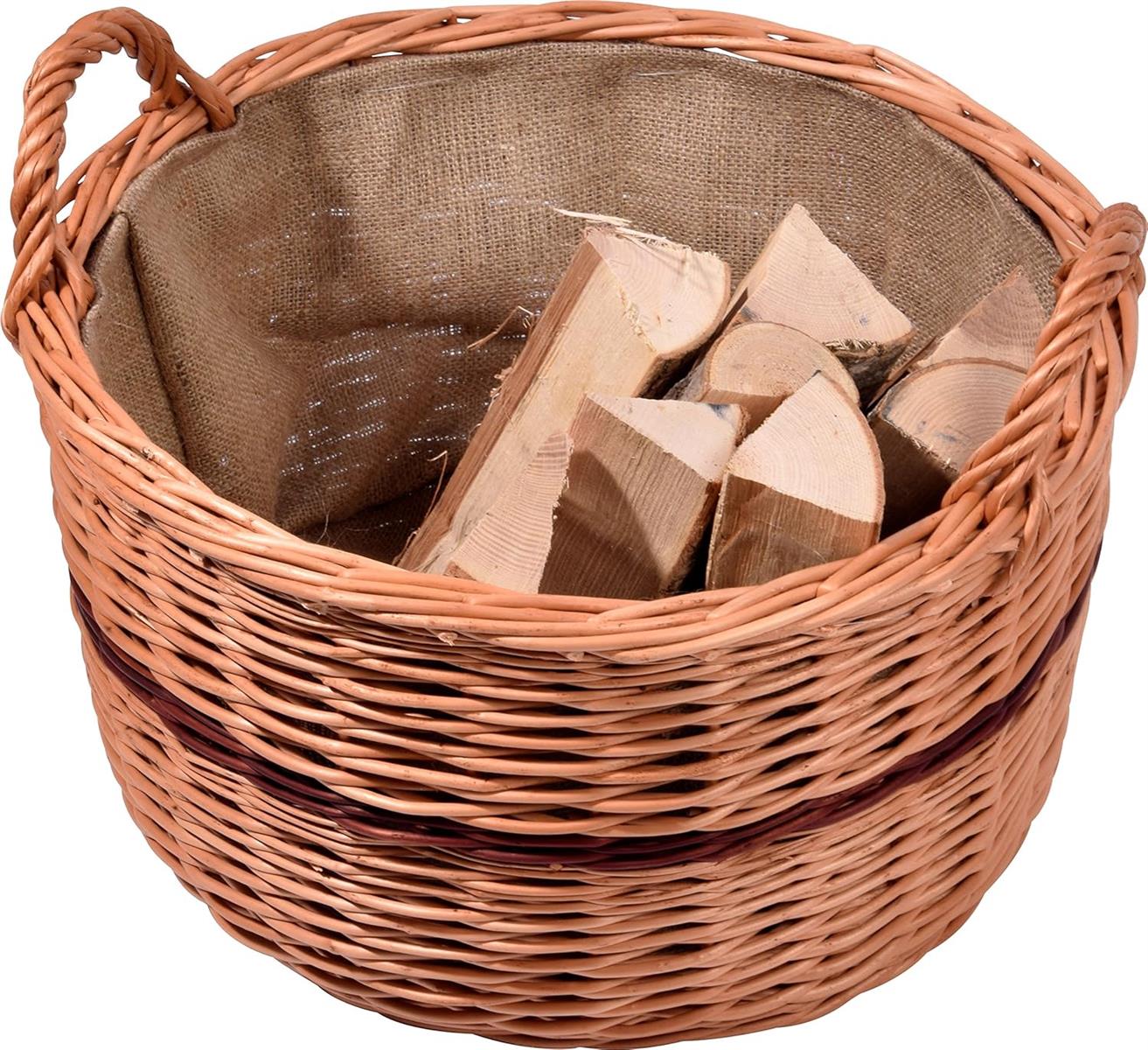 dobar Premium Kaminholzkorb aus ungeschälter Weide - Kaminholzaufbewahrung mit Tragegriffen - Kaminholztrage mit Juteeinlage - Kaminholztasche aus Weide - 50 x 50 x 34 cm - Zweifarbig