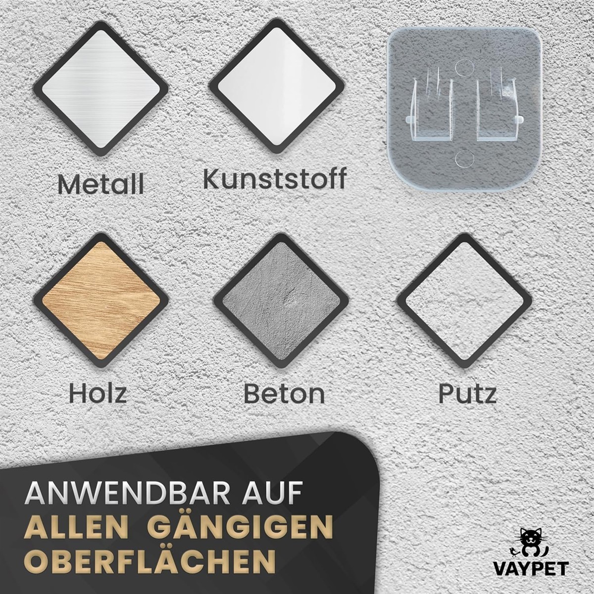 Metall, Kunststoff, Holz, Beton, Putz