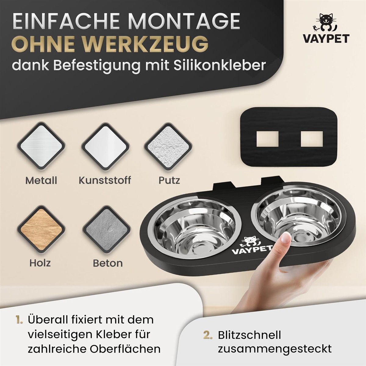 Futterstation, Doppelfutterplatz, Edelstahl, Anti-Rutsch, Silikonband