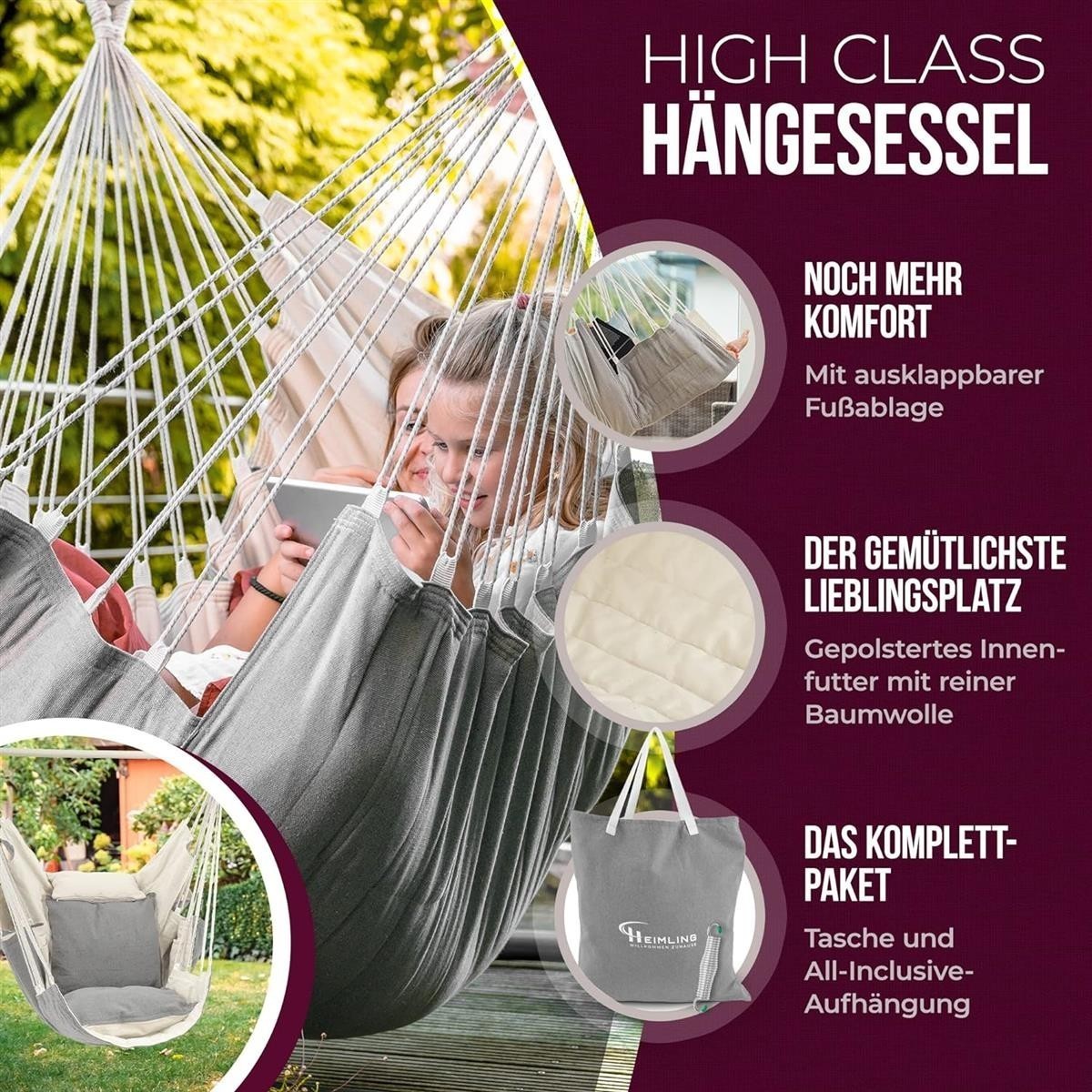 Hängesessel, Baumwolle, Grau, Fußablage, Gepolstert