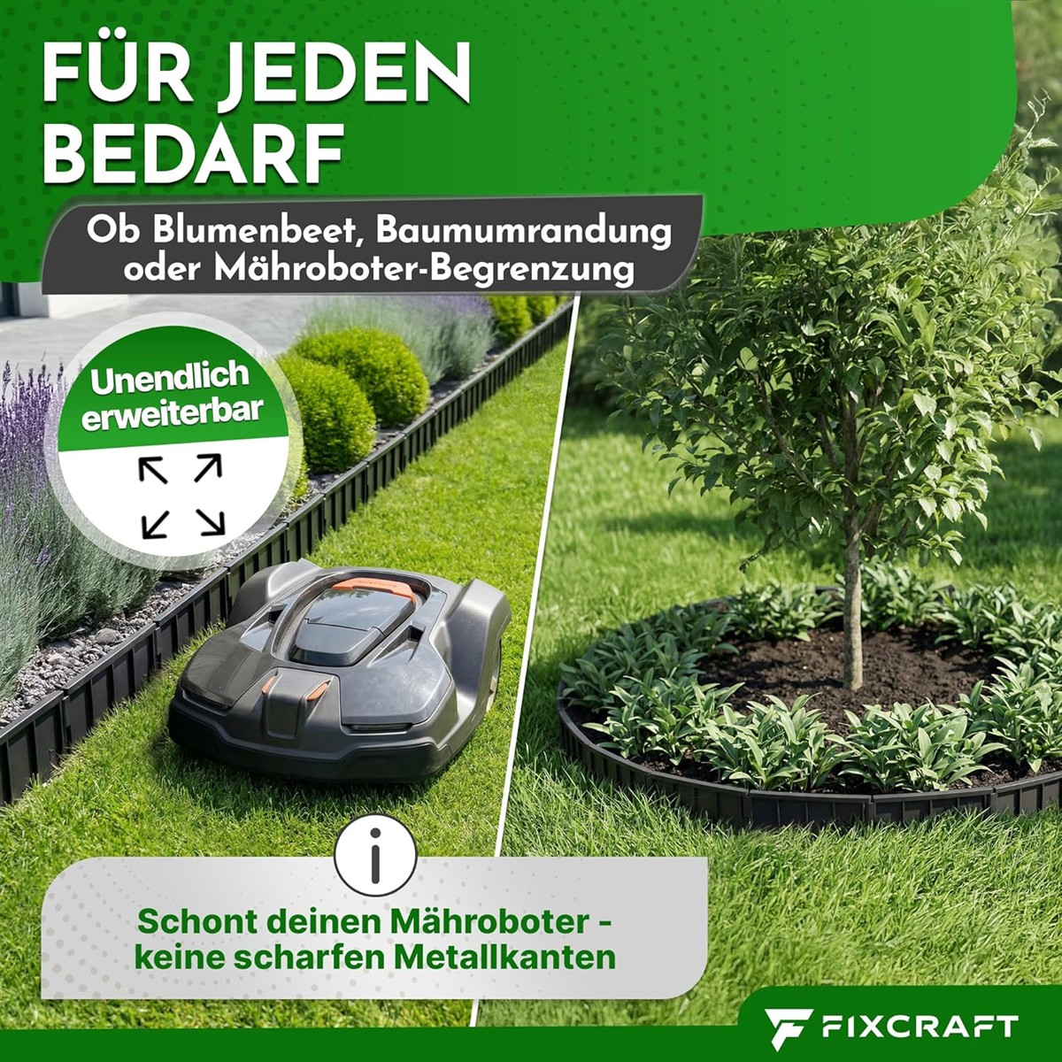 Rasenmähroboter, Grasfläche, Gartenpflege, Begrenzung, Mulchrandung