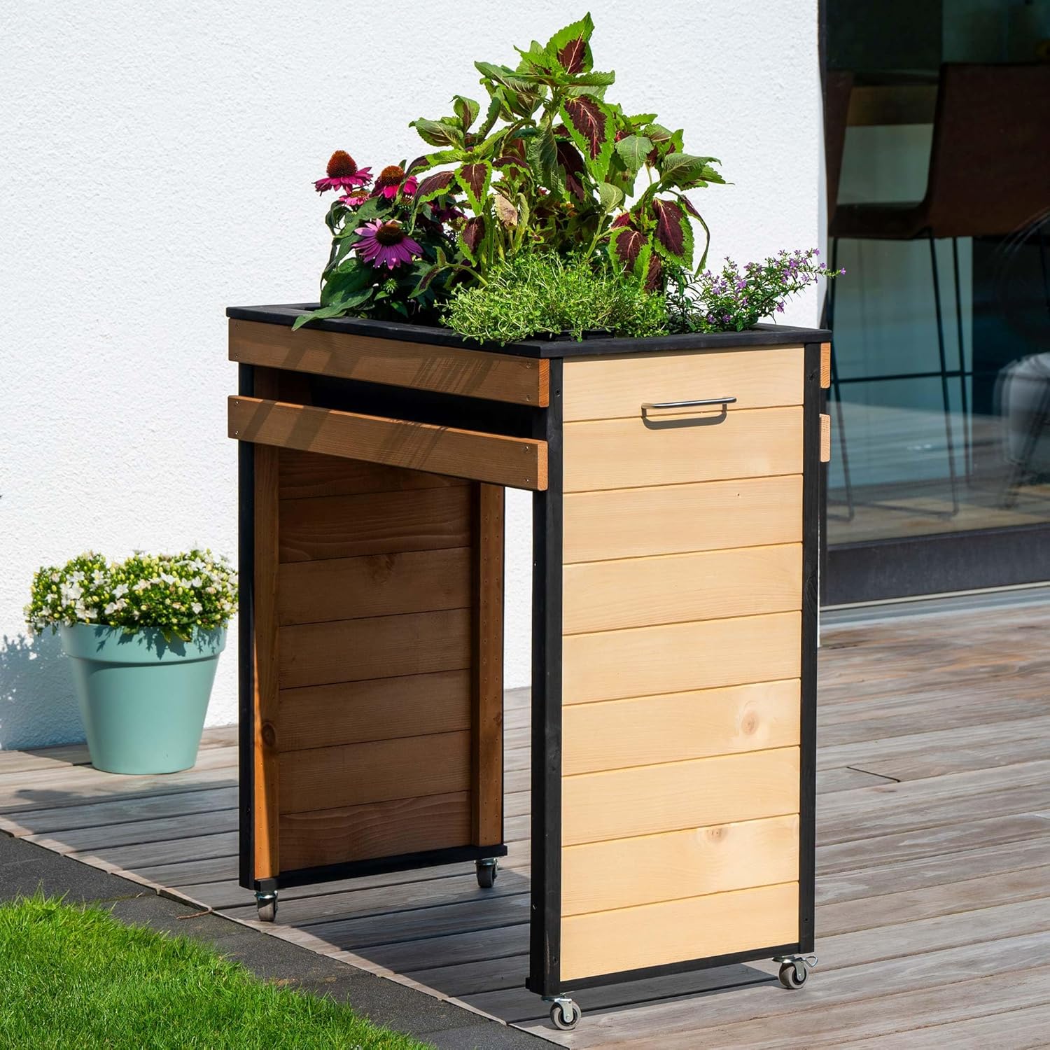 dobar Hochbeet Wheely Gr. M für Rollstuhlfahrer - Pflanzkasten aus Holz aus Rollen mit Pflanzkübel - Kräuterbeet für Indoor und Outdoor - Balkon-Hochbeet Natur