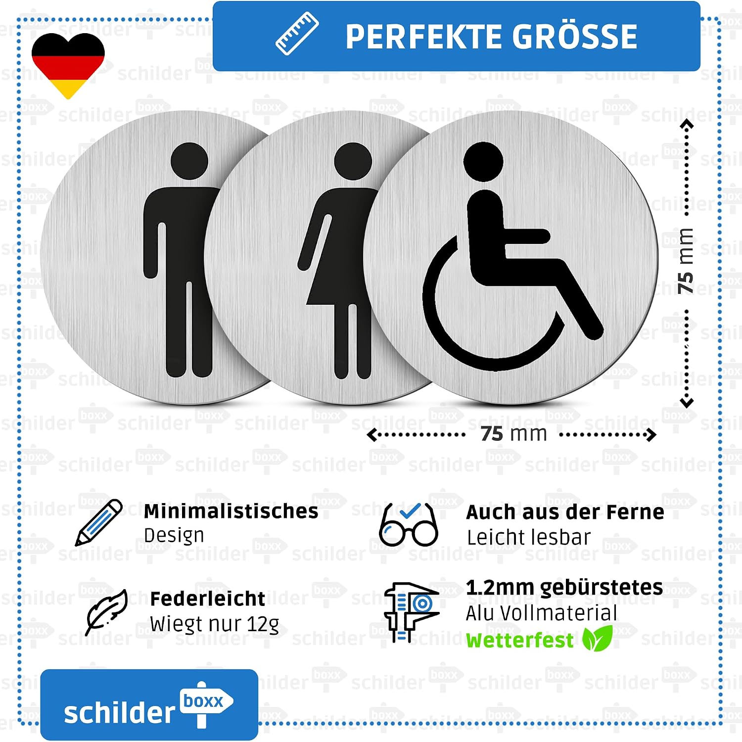 WC-Schilder, Aluminium, Gebürstet, Rund, Rollstuhl-Piktogramm