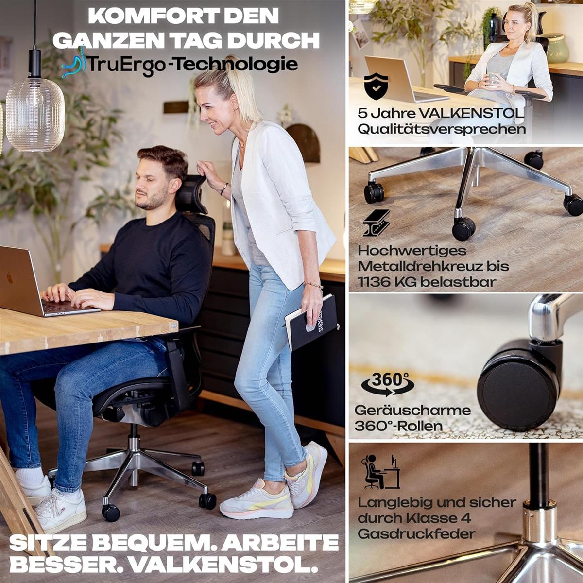 VALKENSTOL M6 Ergonomischer Bürostuhl 150 kg Schreibtischstuhl schwarz