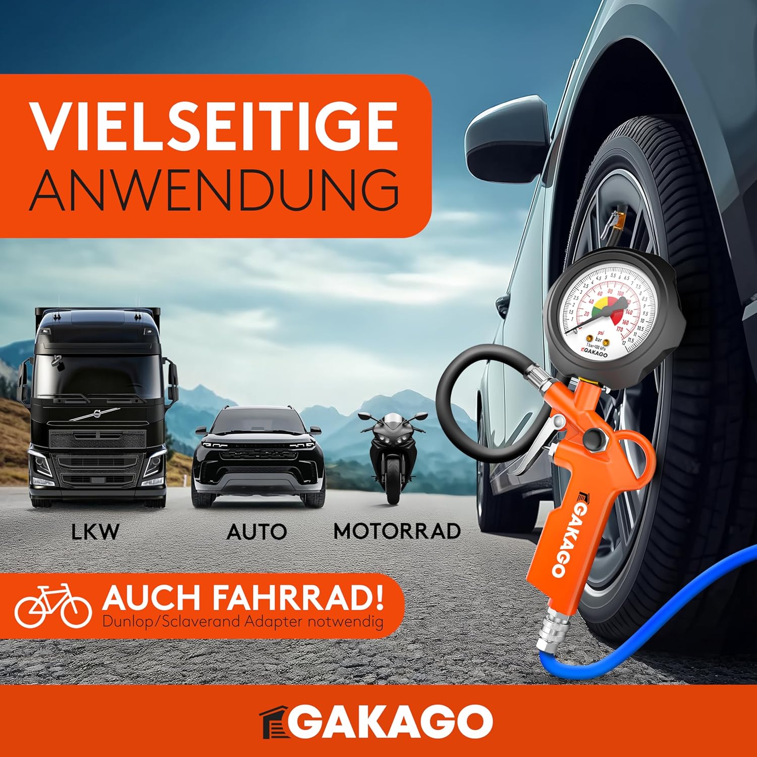 Gakago Reifenfüller Präziser Reifendruckfüller mit hochwertigem 0-12 bar Druckluft Manometer Extra langer 45cm Reifenfüllschlauch Vielseitiger Reifendruckprüfer für Auto LKW Fahrrad