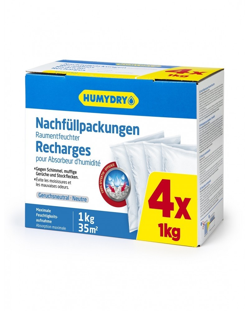 Raumfeuchter, Nachfüllpackungen, 1 kg, 4x, Feuchtigkeitsaufnahme