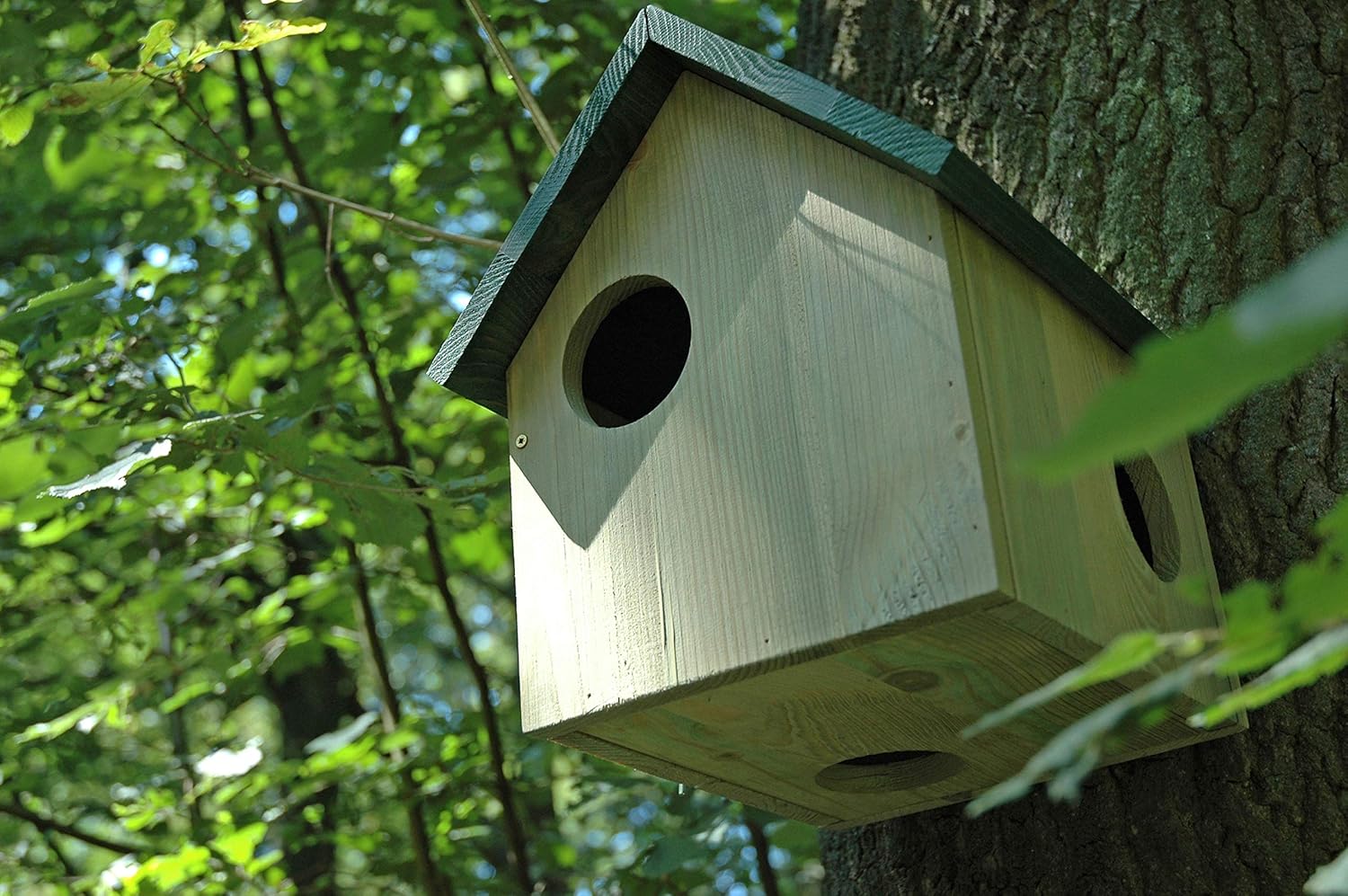 dobar Eichhörnchenkobel - Eichhörnchenhaus aus Massivholz - Futterhaus für Eichhörnchen - Eichhhörnchen Schlafhaus mit 3 Eingängen  25 x 26 x 28,5 cm  Grün DH122