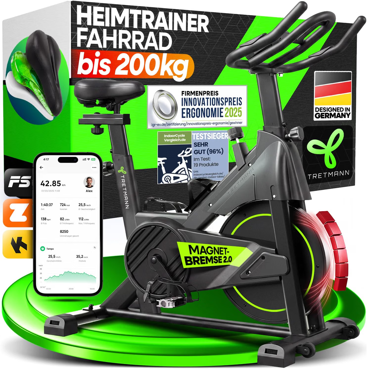 Fitness Bike, Liegerad, Magnetbremse, Schwarzes Fahrrad, Indoor Cycling