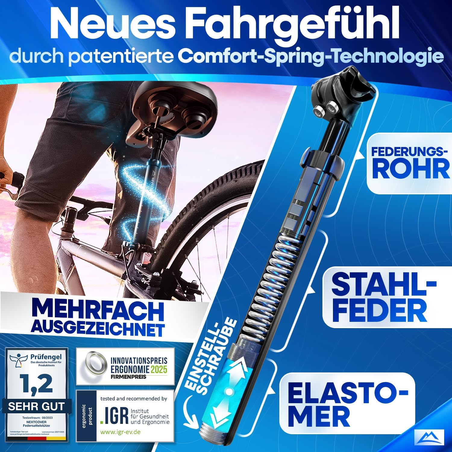 NEXTCOVER Sattelstütze gefedert - Das Original - mit 34.9mm Durchmesser und Comfort-Spring Technologie  gefederte Sattelstütze Sattelstange Federsattelstütze