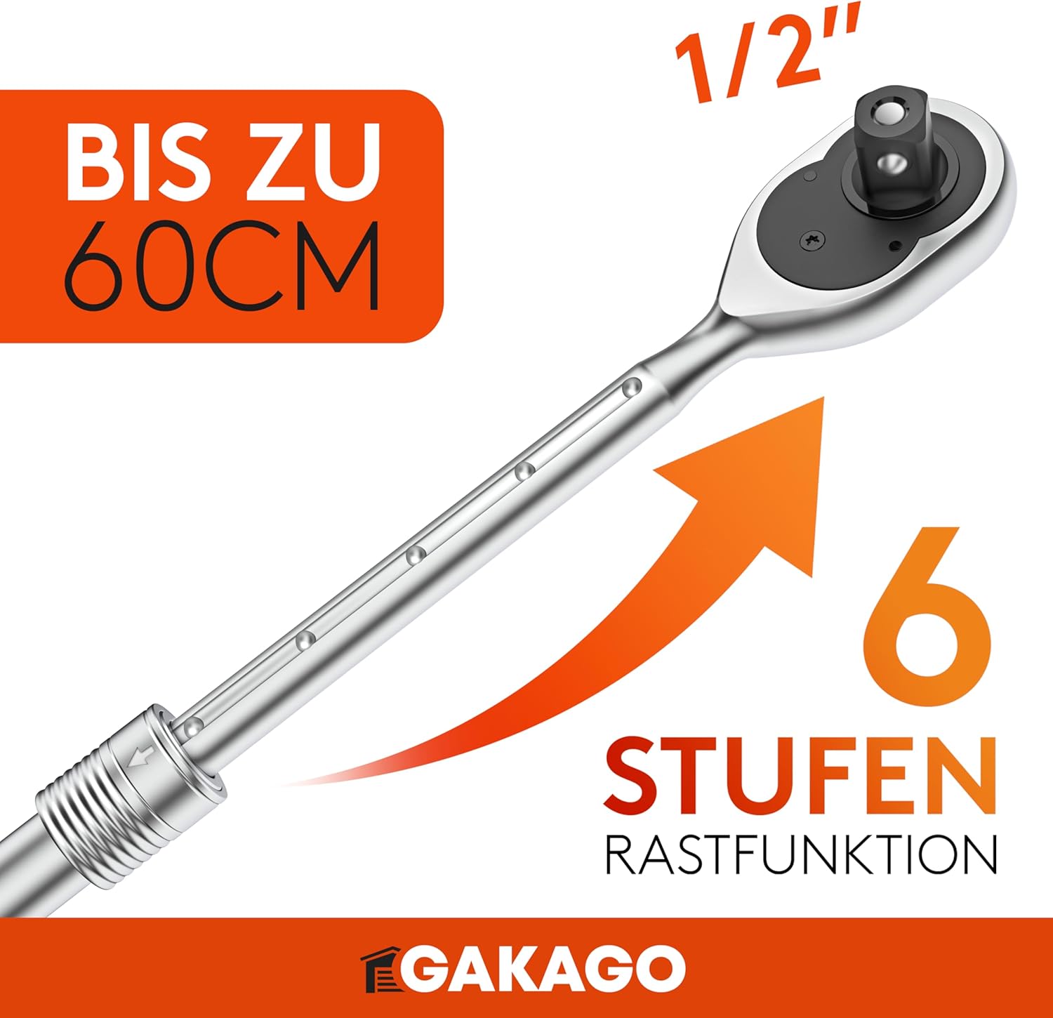 Gakago Teleskop-Ratsche 1/2 Zoll bis zu 60cm - Extra lange umschaltbare Knarre mit ergonomischen Griff - Überlegende Kraft mit über 615 Nm und präzisen 72 Feinzahn Getriebe