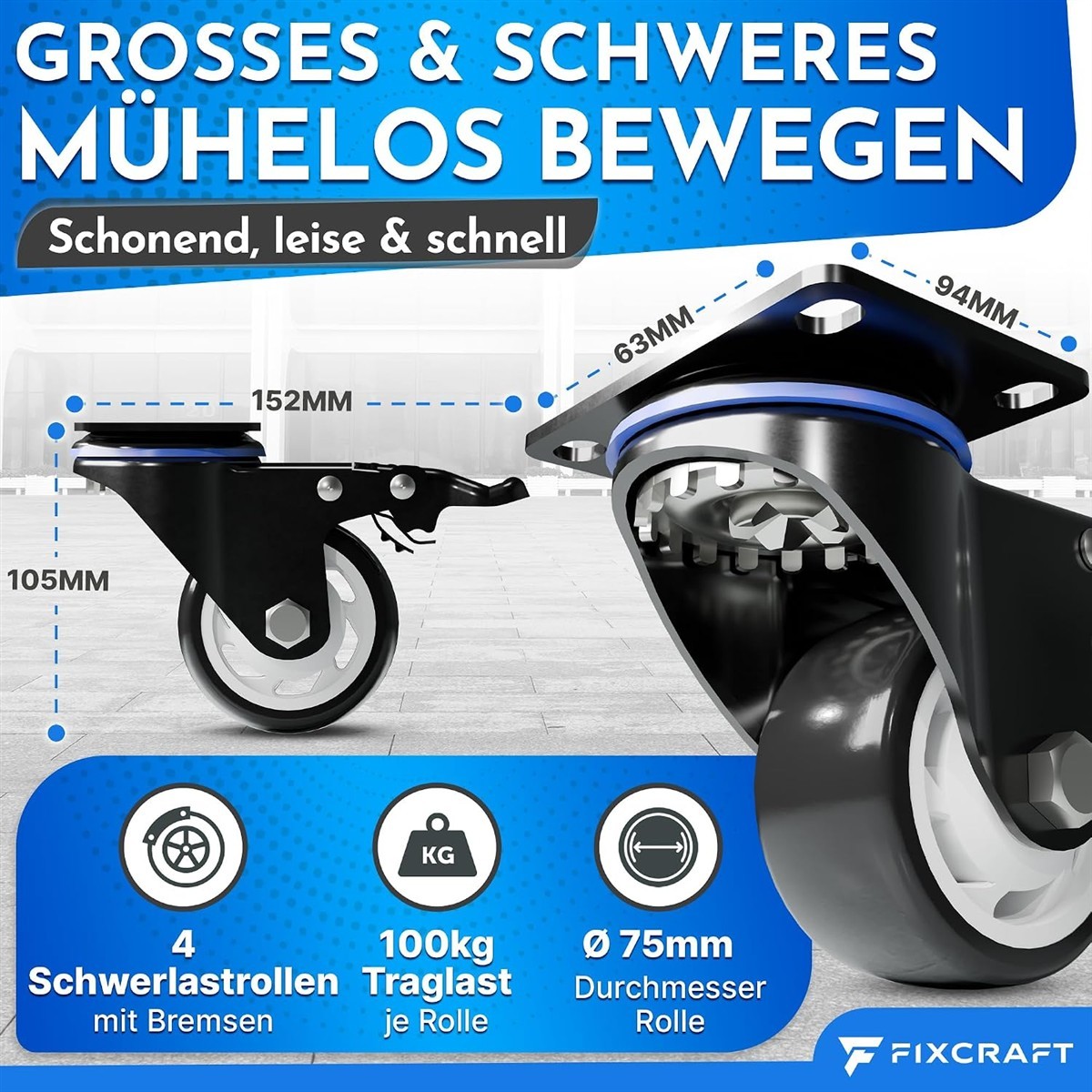 Rollers, Caster wheel, Swivel wheel, Payload 100kg, Ø75mm wheel
