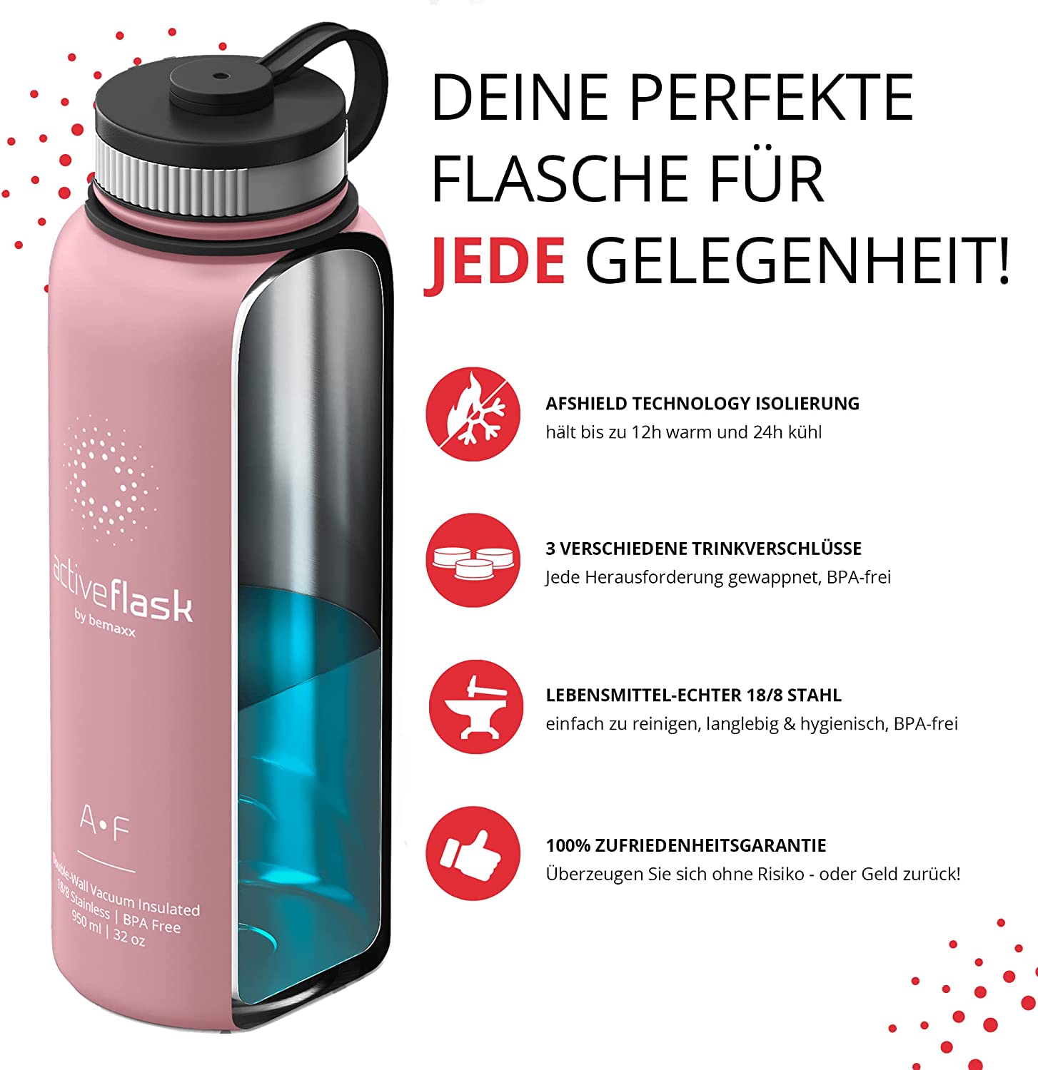 BeMaxx Trinkflasche Edelstahl ACTIVE FLASK rosa 950ml