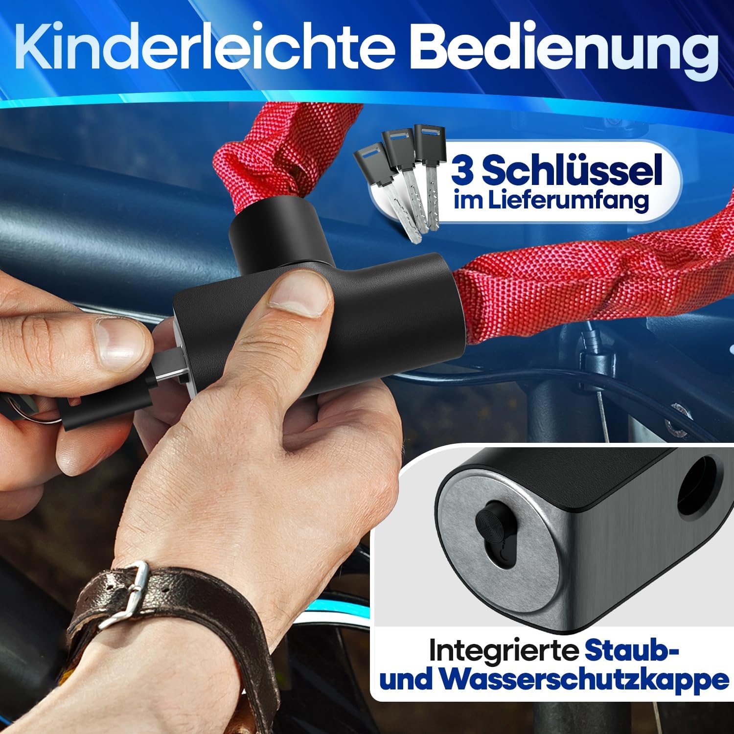 NEXTCOVER Fahrradschloss LockOne mit Schlüssel - SAFESECURE Fahrradschloss hohe Sicherheit I robustes & langlebiges Kettenschloss Fahrrad Bike Lock Fahrrad Schloss 3 Schlüssel