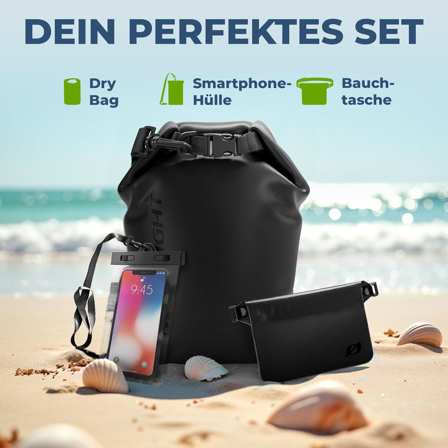 Nordlight 3er Set Wasserdichter Rucksack Dry Bag 20L - Roll Top Rucksack Kurierrucksack schwarz