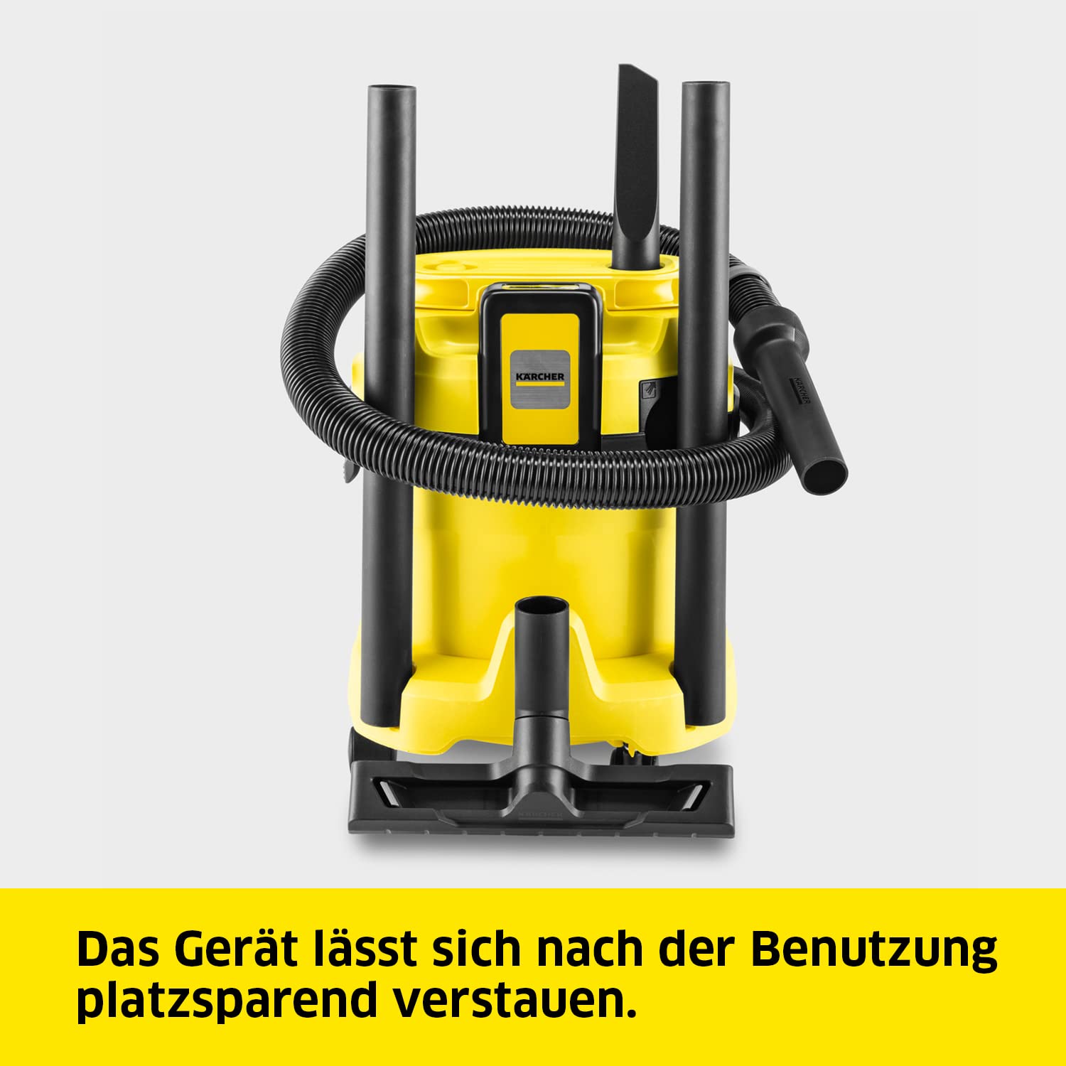 Kärcher Akku-Nass-/Trockensauger WD 2-18, inkl. Filter, Fugen- und Nass-/Trockensaugdüse, 225 Watt, Kunststoffbehälter: 12 l, Saugschlauch: 1,8 m, ohne Akku, ohne Ladegerät, Gelb