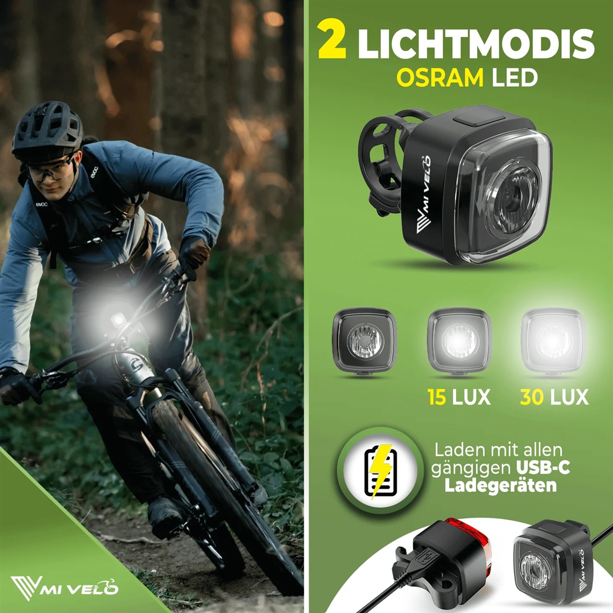 Mountain bike, Bike light, LED headlight, USB-C charger, Lumens 15/30