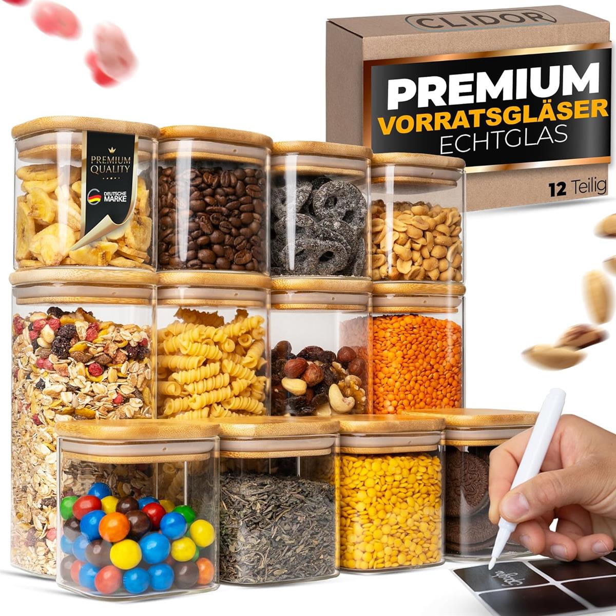 CLIDOR Vorratsgläser 12er Set eckig mit Deckel