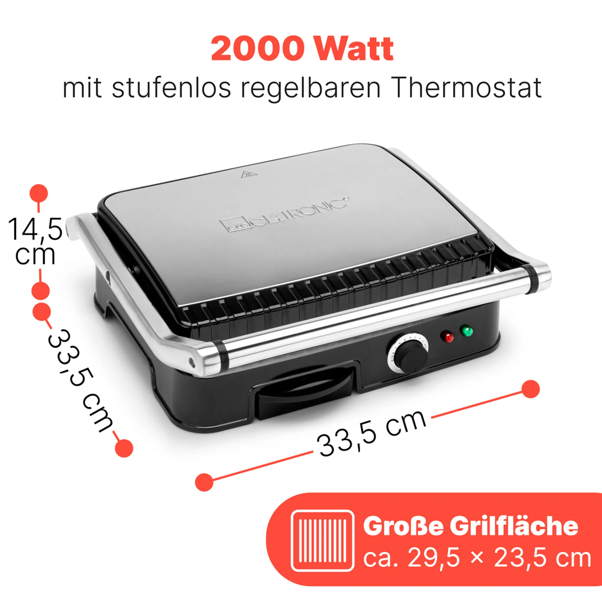 Clatronic Kontaktgrill beidseitiges fettfreies Grillen 2000W antihaftbeschichtete Grillplatten Kontaktgrill Toaster