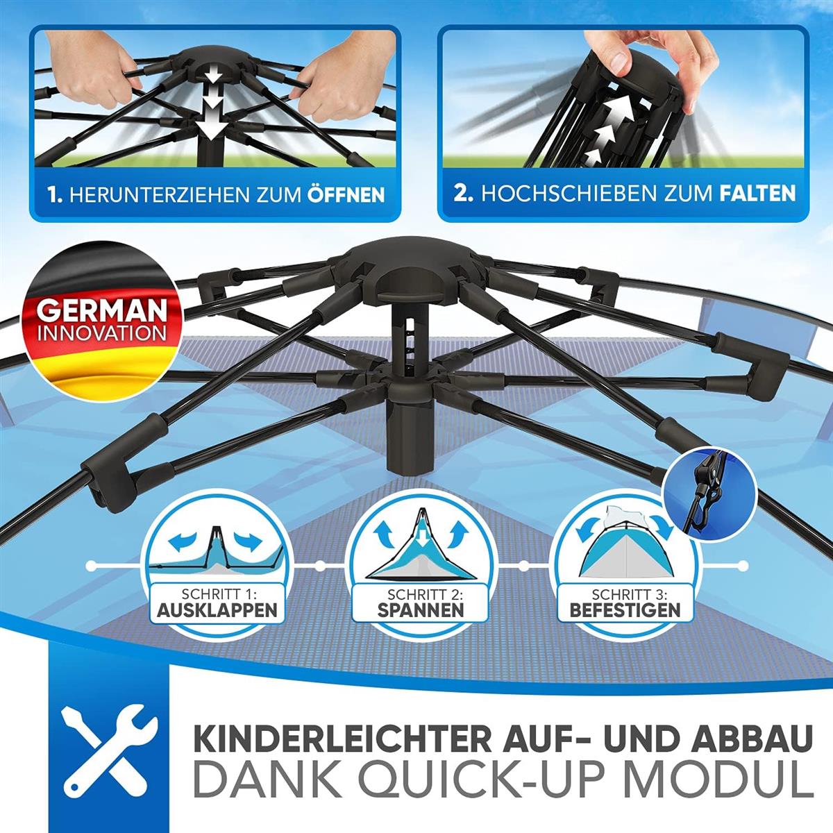Hubdach, Aufbaukit, Spider-Netz, Stahlstreben, Schnellbefestigung