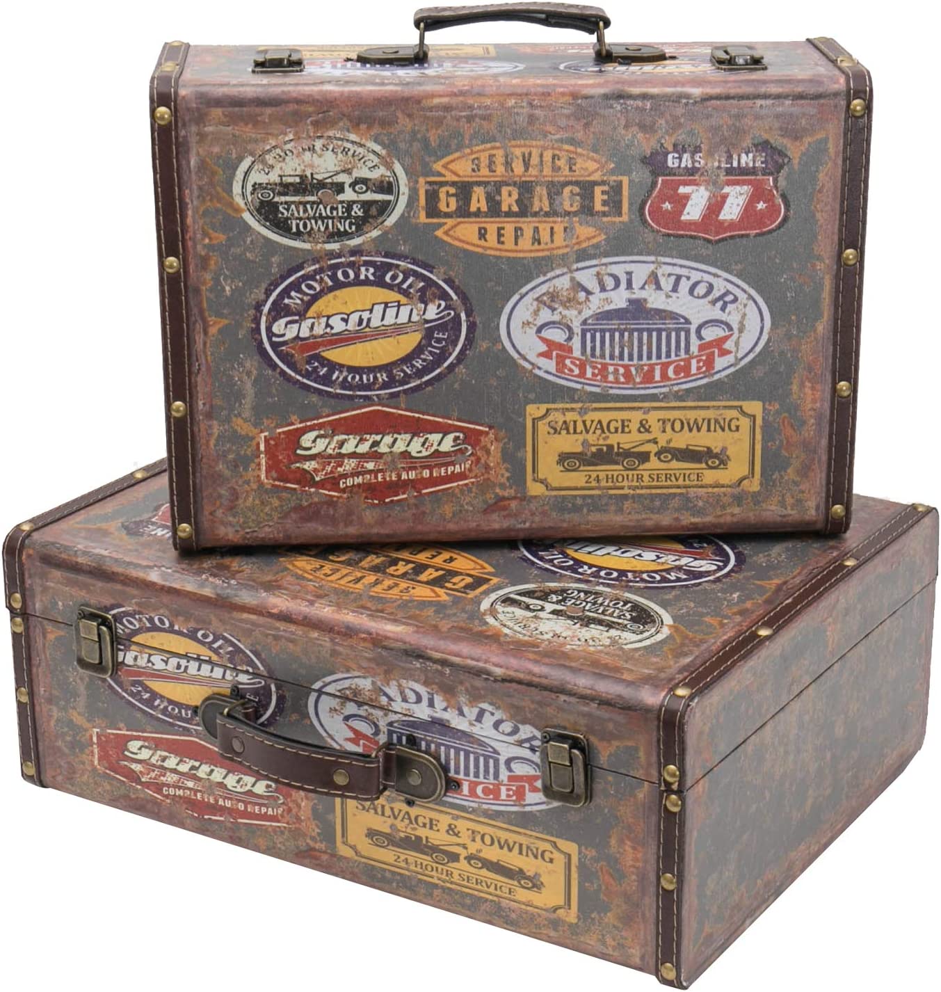 HMF 2er Set Schatztruhe Vintage Koffer aus Holz Fahrrad