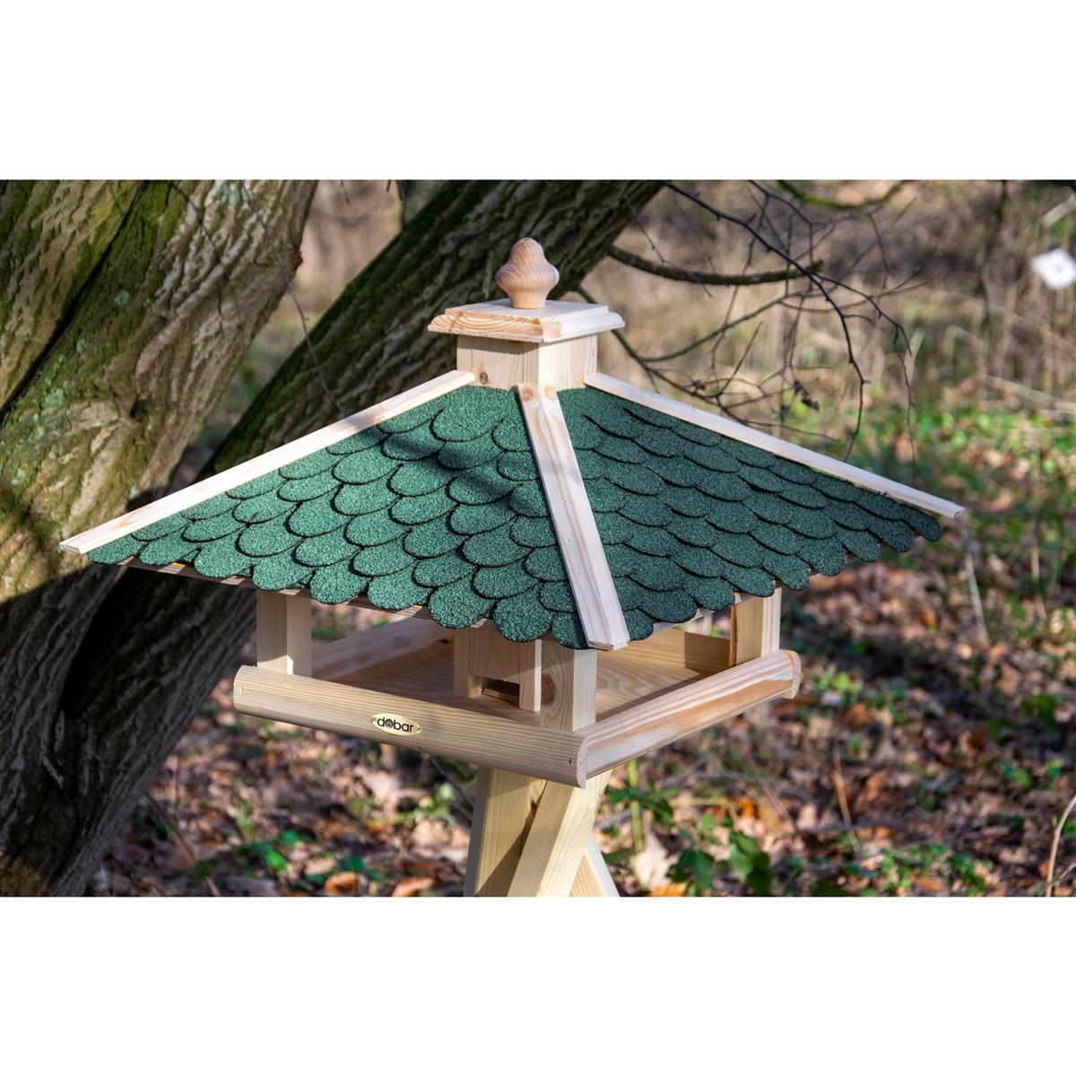 Vogelhaus, Holz, Grüne Dachschindeln, Vogelfutterhaus, Aufhängeplattform
