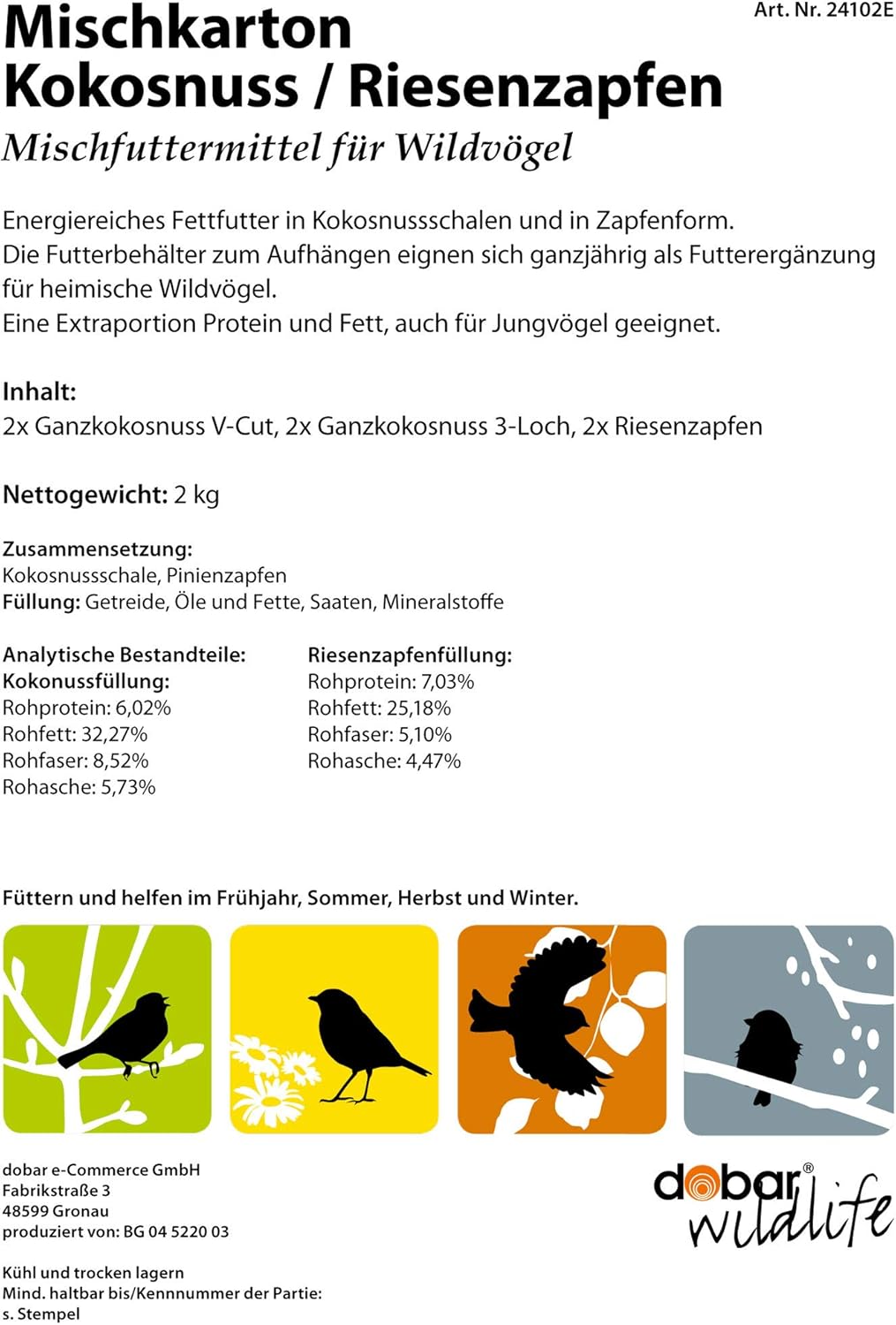 dobar Premium Vogelfutter Mix - Gefüllte Kokosnüsse und Pinienzapfen mit Fettfutter für Wildvögel - hochwertige Vogelfuttermischung im Set - Ganzjahresfutter für Garten/Terrasse - 6 teilig