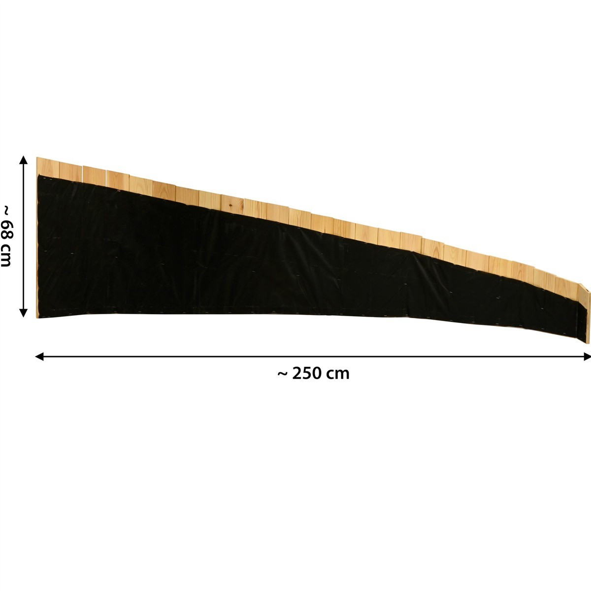 Länge 250 cm, Segment aus Holz, Schwarze Abdeckung, Baumwoll-/Textiloberfläche, Kurviger Holzblock