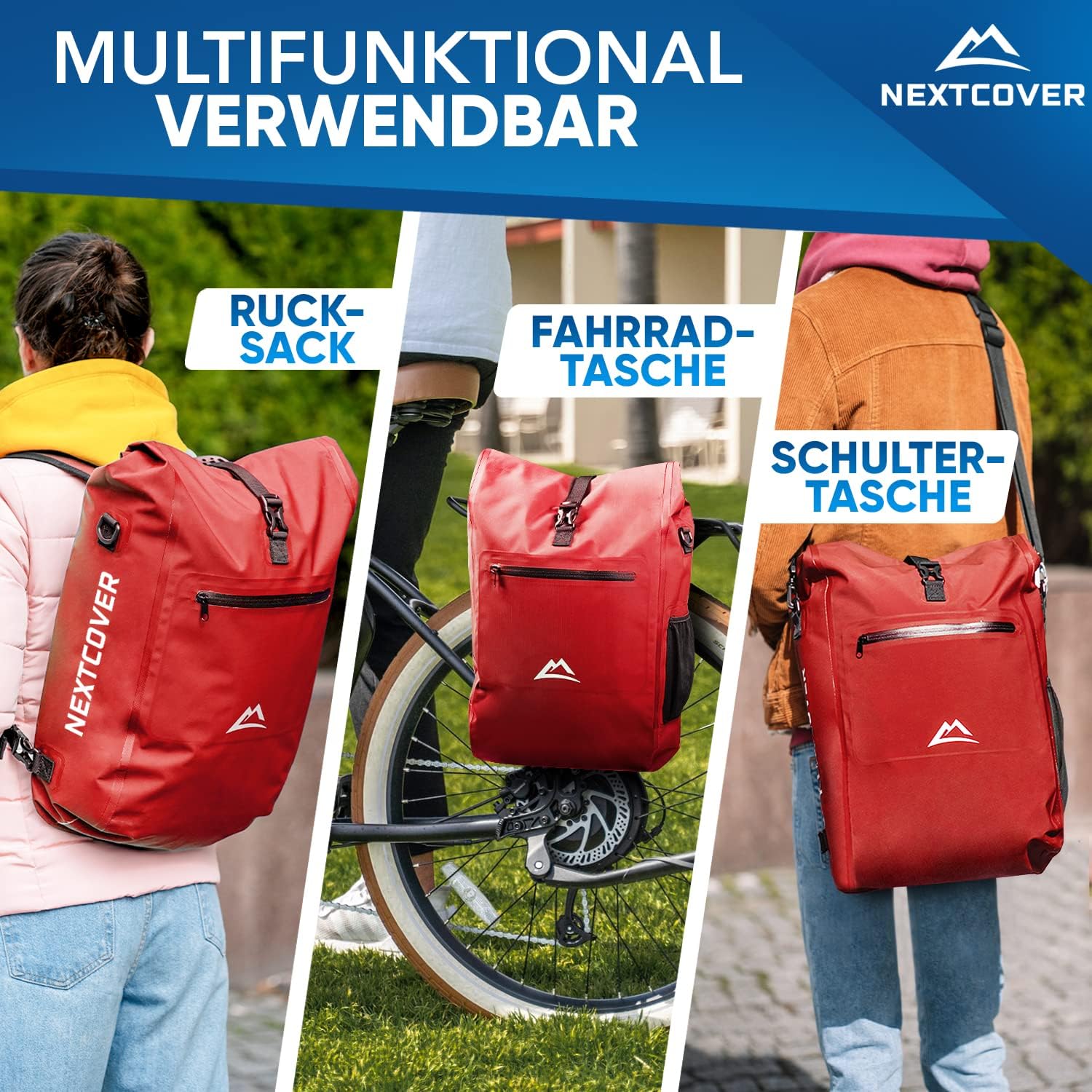 NEXTCOVER 3in1 Fahrradtasche für Gepäckträger rot Gepäckträgertasche Umhängetasche Rucksack
