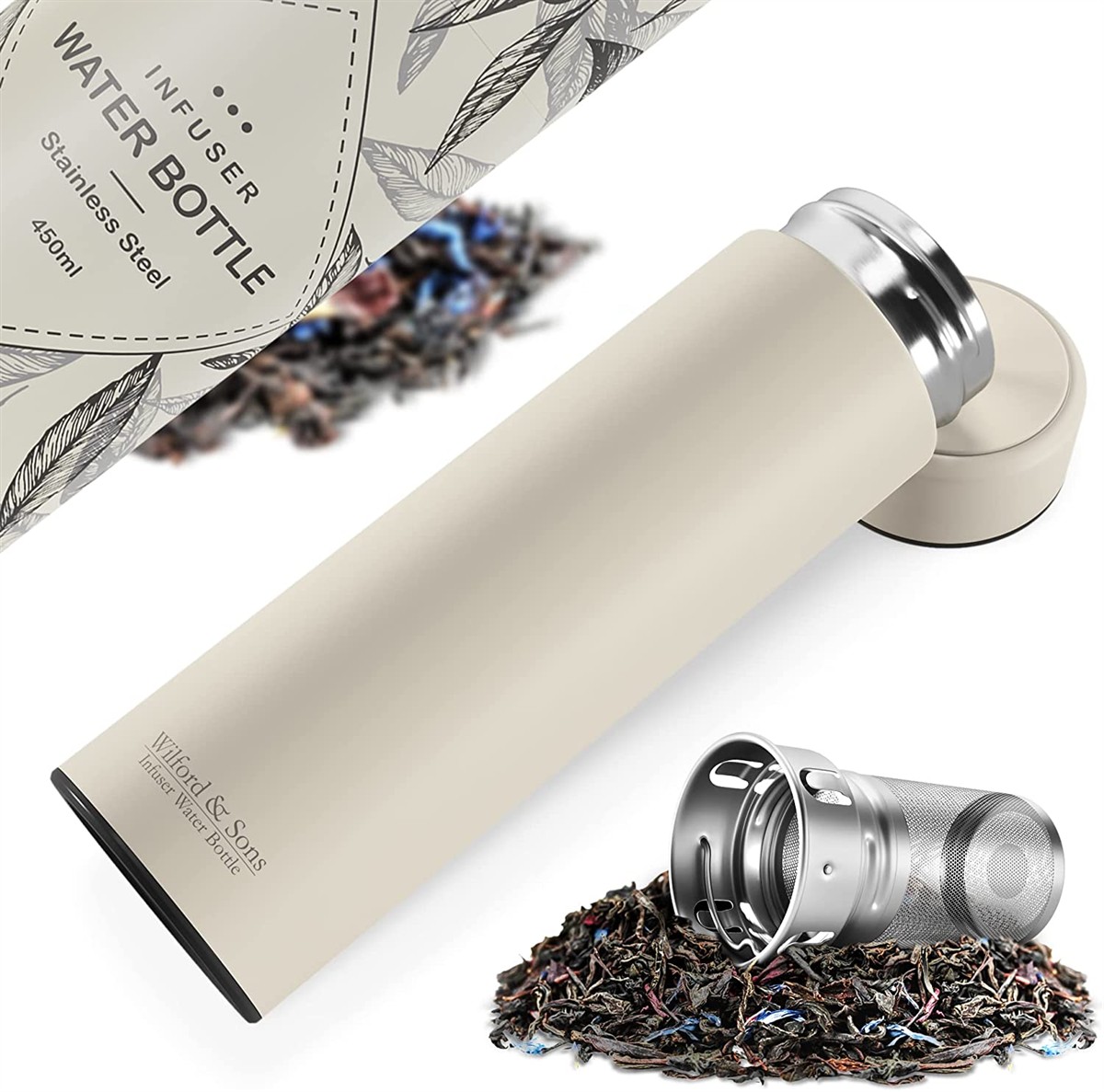 Wasserflasche, Edelstahl, Infuser, Beige, 450ml