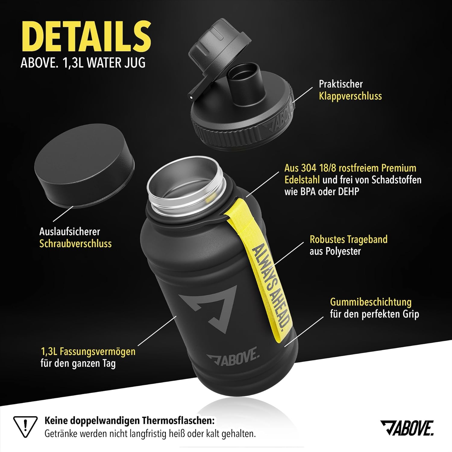 ABOVE Trinkflasche Edelstahl 1,3L schwarz Fitness Sport Outdoor