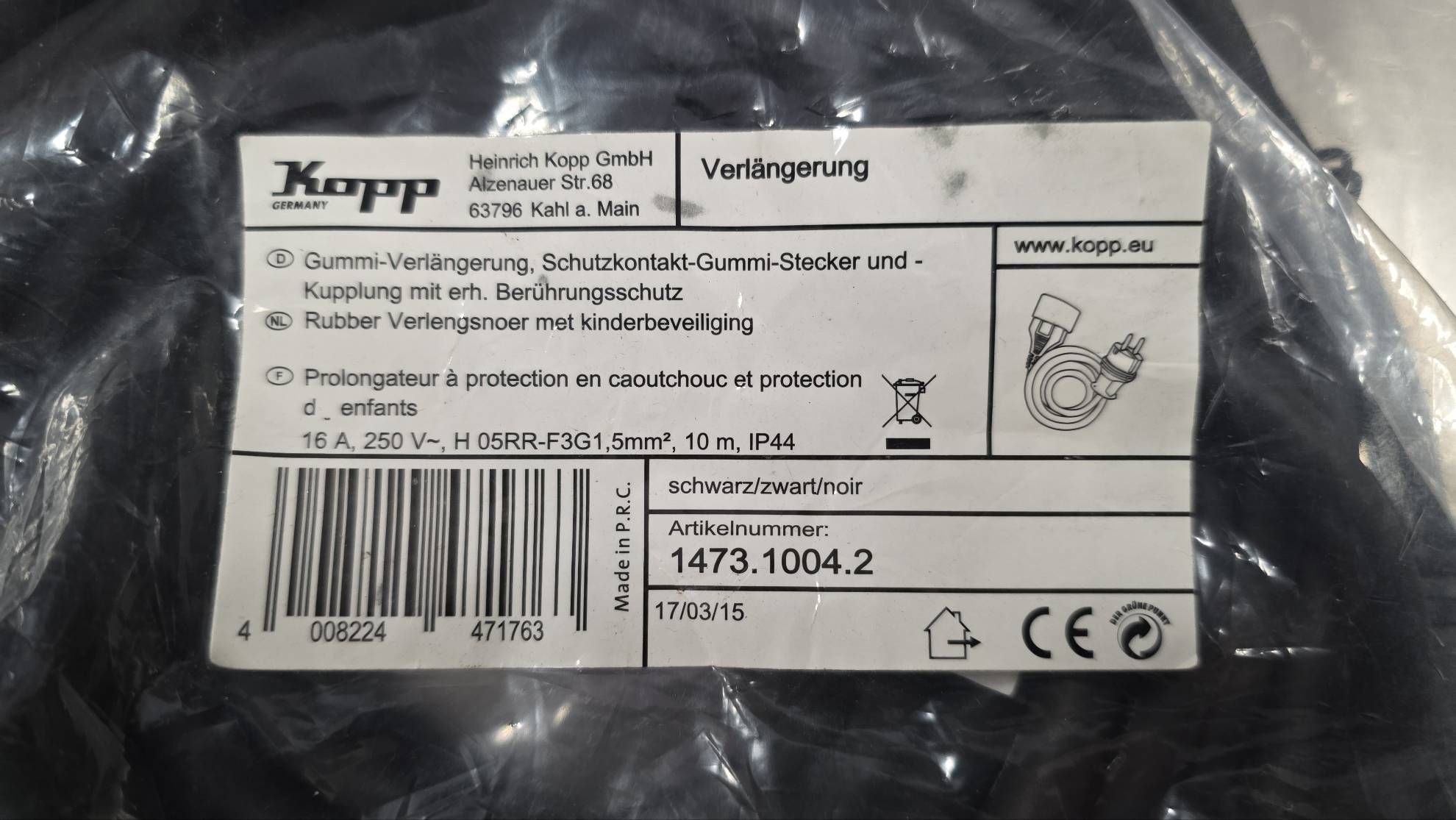 Kopp Gummi-Verlängerung Schutzkontakt-Gummi-Stecker und Schutzkontakt-Gummi-Kupplung