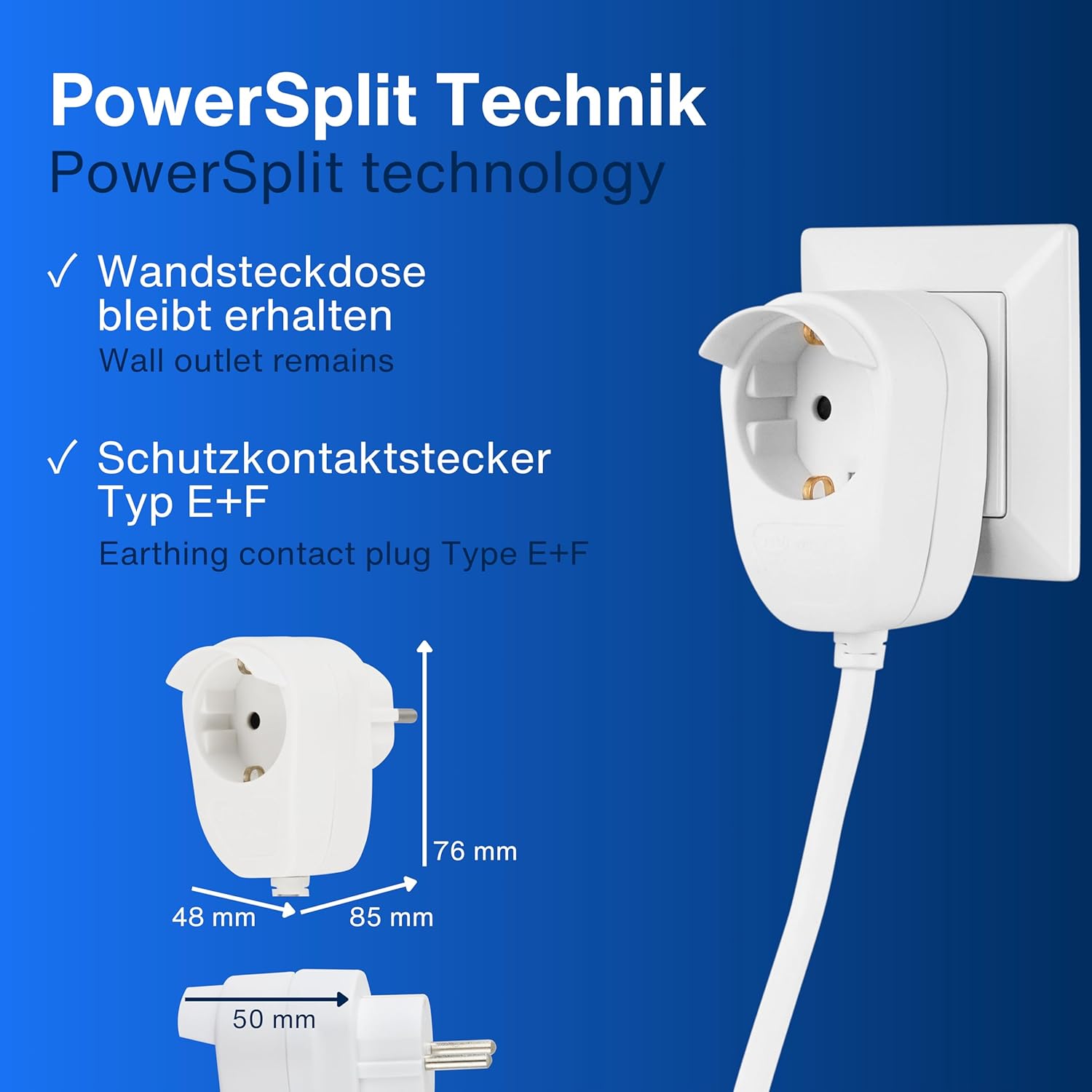 REV Steckdosenleiste PowerSplit - Mehrfachsteckdose 4-Fach (3+1) mit Schalter Wandsteckdose bleibt erhalten 3500W 5m weiß