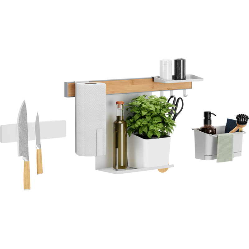 Küchenorganizer, Wandregal, Magnetische Messerleiste, Papierrollenhalter, Holz- und Metalloptik