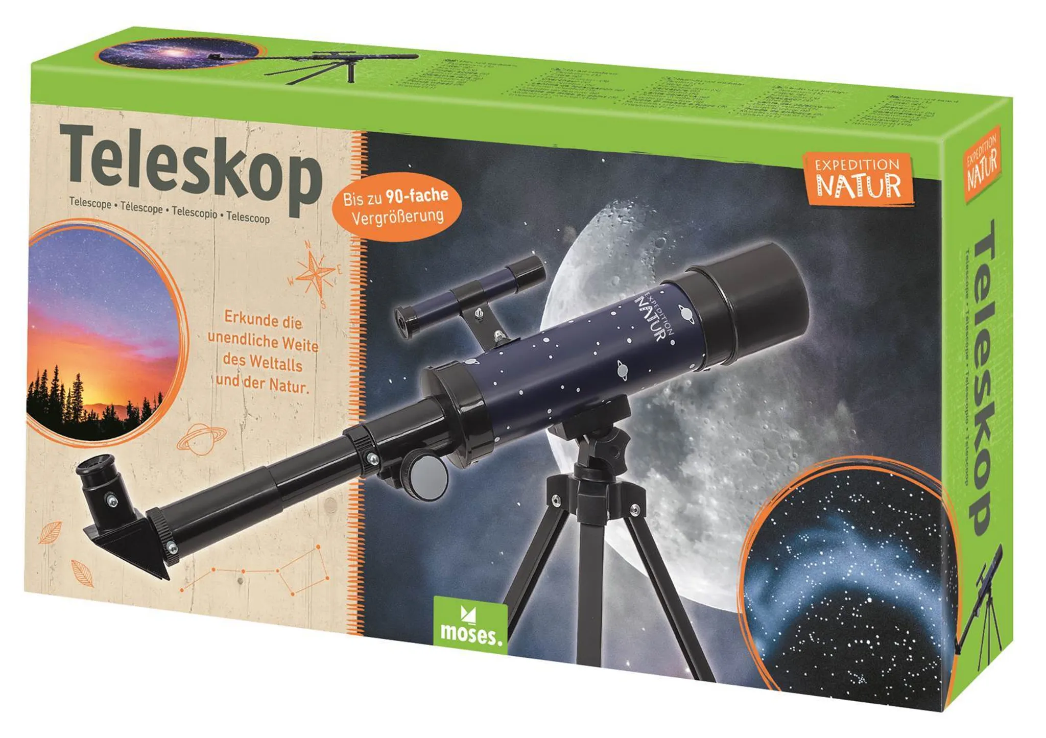 moses. Expedition Natur Teleskop Teleskop Starter-Set für Kinder mit bis zu 90facher Vergrößerung Einsteiger-Teleskop mit Stativ tragbares Outdoor-Teleskop für unterwegs