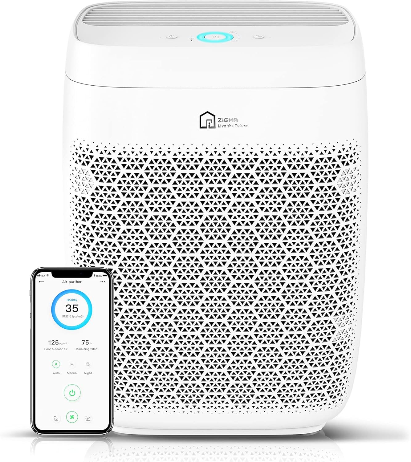 Luftreiniger Zigma Luftreiniger Allergiker für Raucherzimmer Wohnung H13 HEPA Luftfilter gegen 99,99% Staub, Pollen, Rauch 0,1 Mikron, CADR 330m³/h bis zu 150? UV-C App Steuerung PM 2.5 Sensor