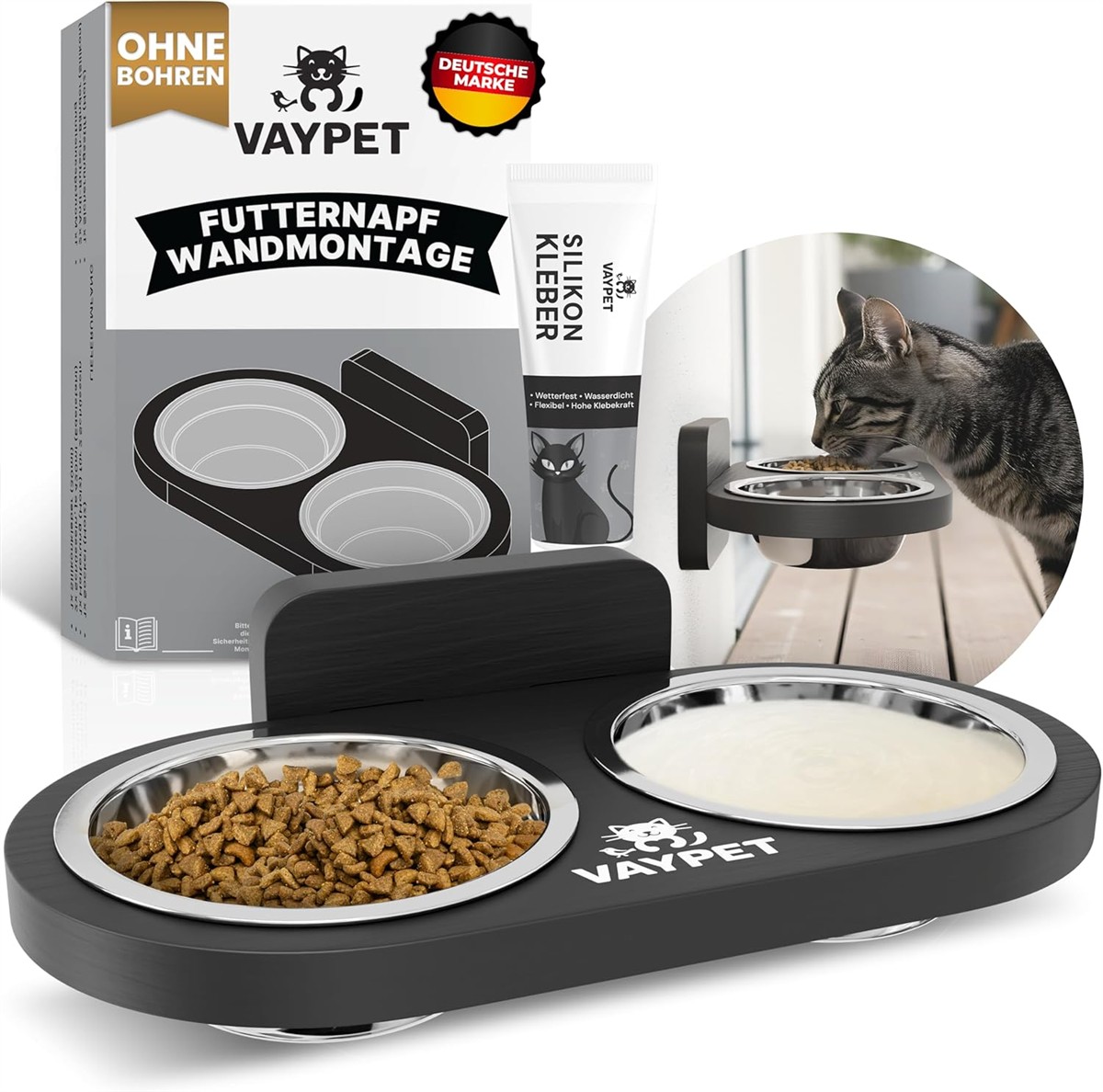 Futternapf, Katzennapf, Doppelnapf, Anti-Schling, Stahlrand