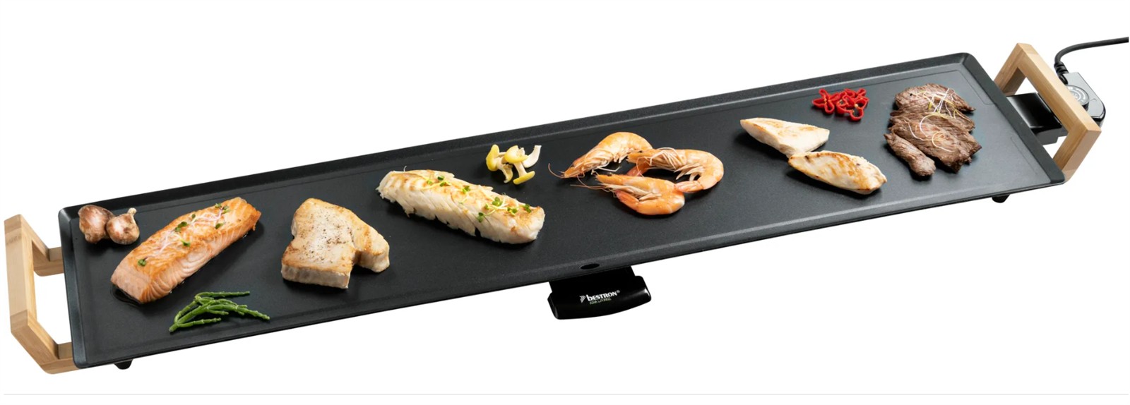Bestron elektrischer Tischgrill XXXL Plancha-/Teppanyaki-Grillplatte mit Antihaftbeschichtung Grillspaß für bis zu 10 Personen extra lange Grillfläche 2.000 Watt Farbe: Schwarz