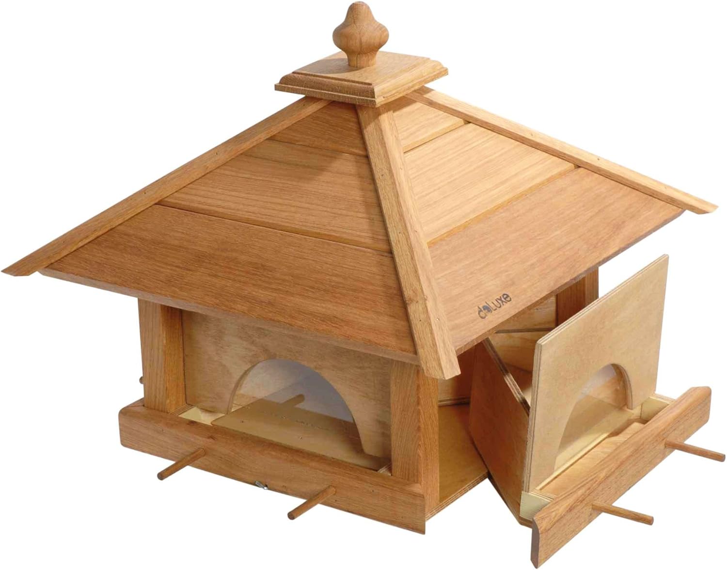 LUXUS-VOGELHAUS Vogelfutterhaus mit 4 Schubladen - Vogelvilla aus Massivholz - Futterstation für Wildvögel - Vogelhaus mit separaten Futter-Schubladen - 46,5 x 46,5 x 39 cm - Natur #D70