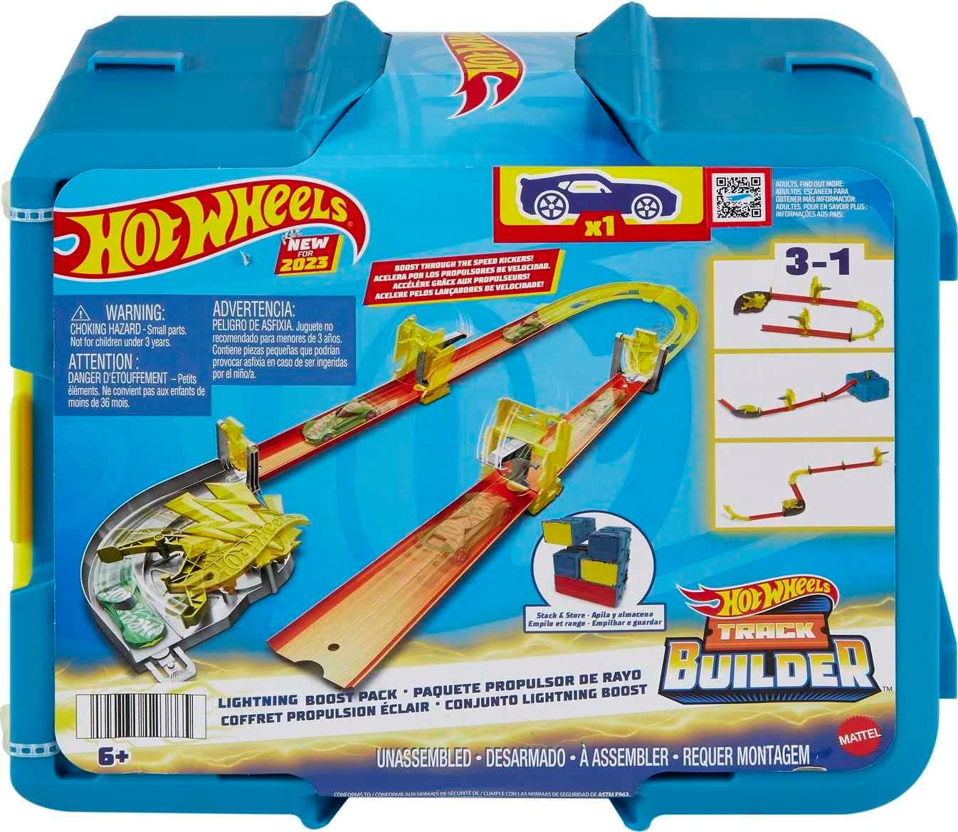 Mattel HMC03 Hot Wheels Blitz Starter Set Aufbewahrungsbox mit Bauteilen Blitzberschleuniger Kurvenbeschleuniger Flipper inklusive Auto Spielzeug Rennstrecke