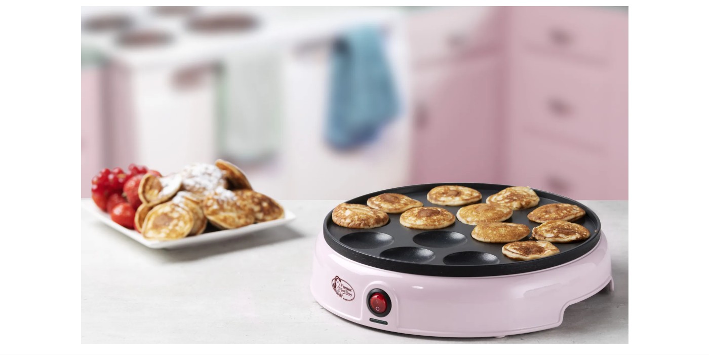 Bestron Poffertjes Maker im Retro Design Mini Pfannkuchen Automat mit Antihaftbeschichtung Sweet Dreams 800 W Farbe: Rosa