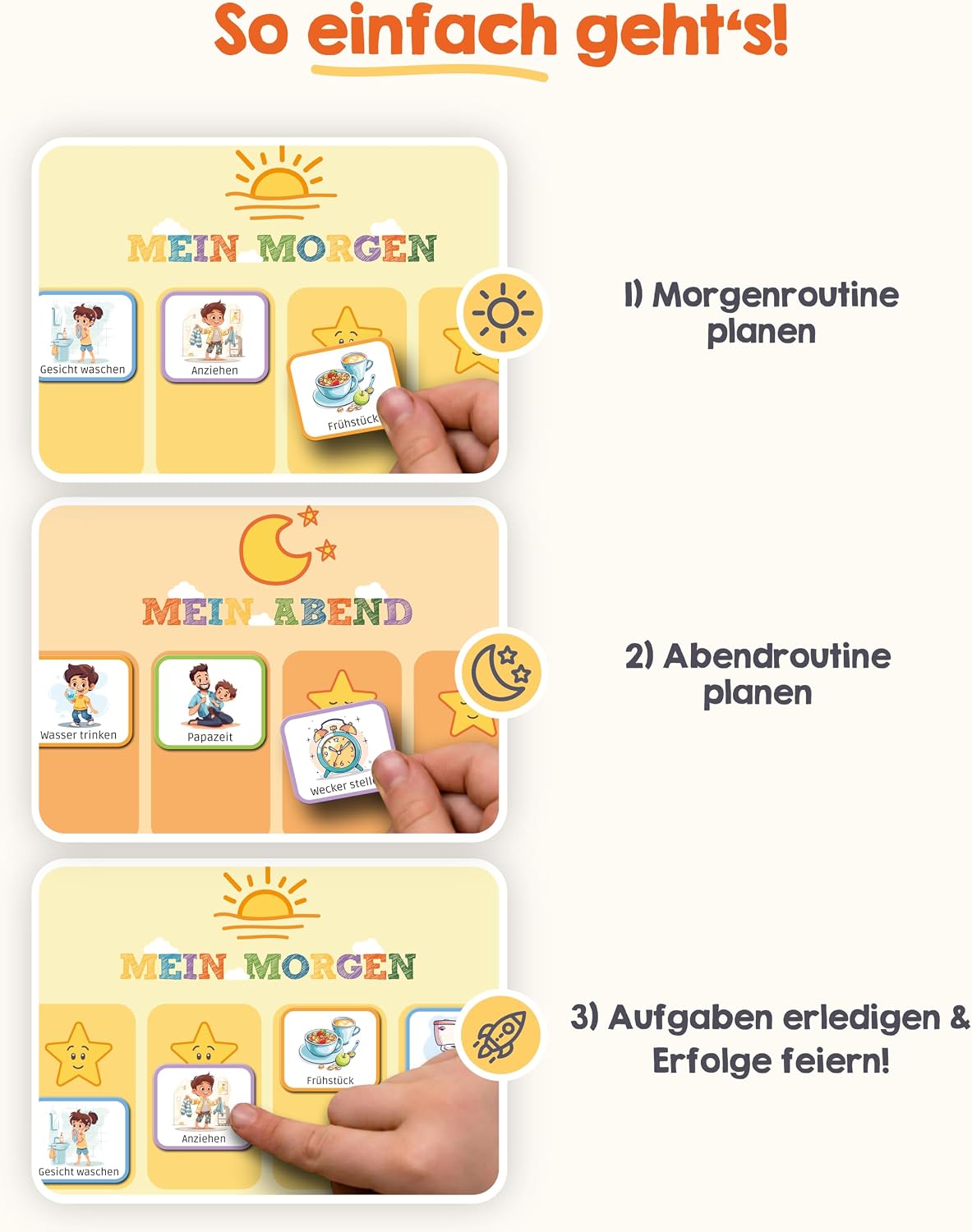 Kinderplaner, Morgenroutine, Frühstück, Aufgabenplan, Stickerkarten