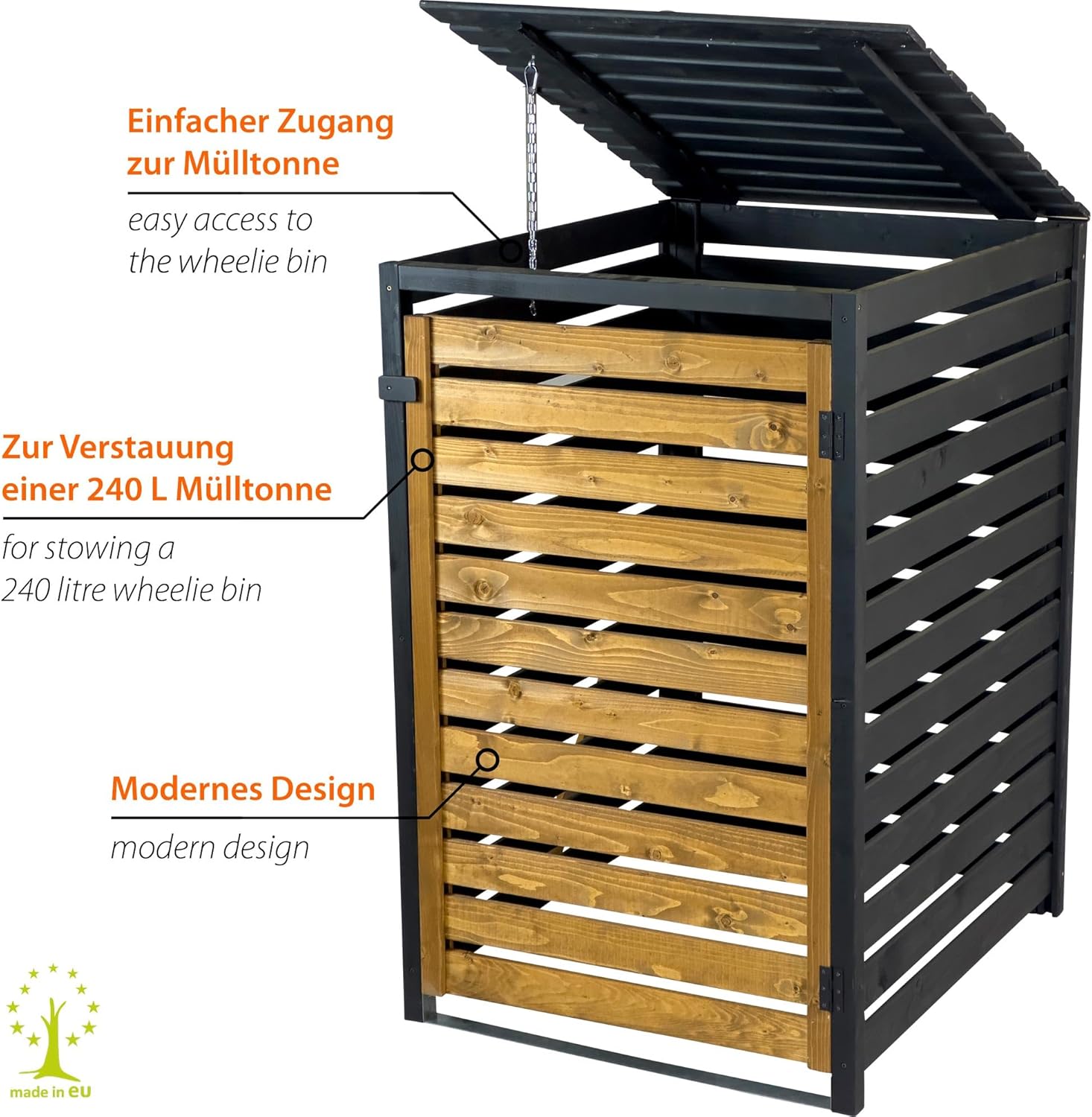 dobar green Label Mülltonnenverkleidung 1er 240 L aus Holz in Braun-Schwarz als Bausatz - Mülltonnenbox mit Deckel und Schwingtür zweifarbig - 77 x 87 x 121 cm