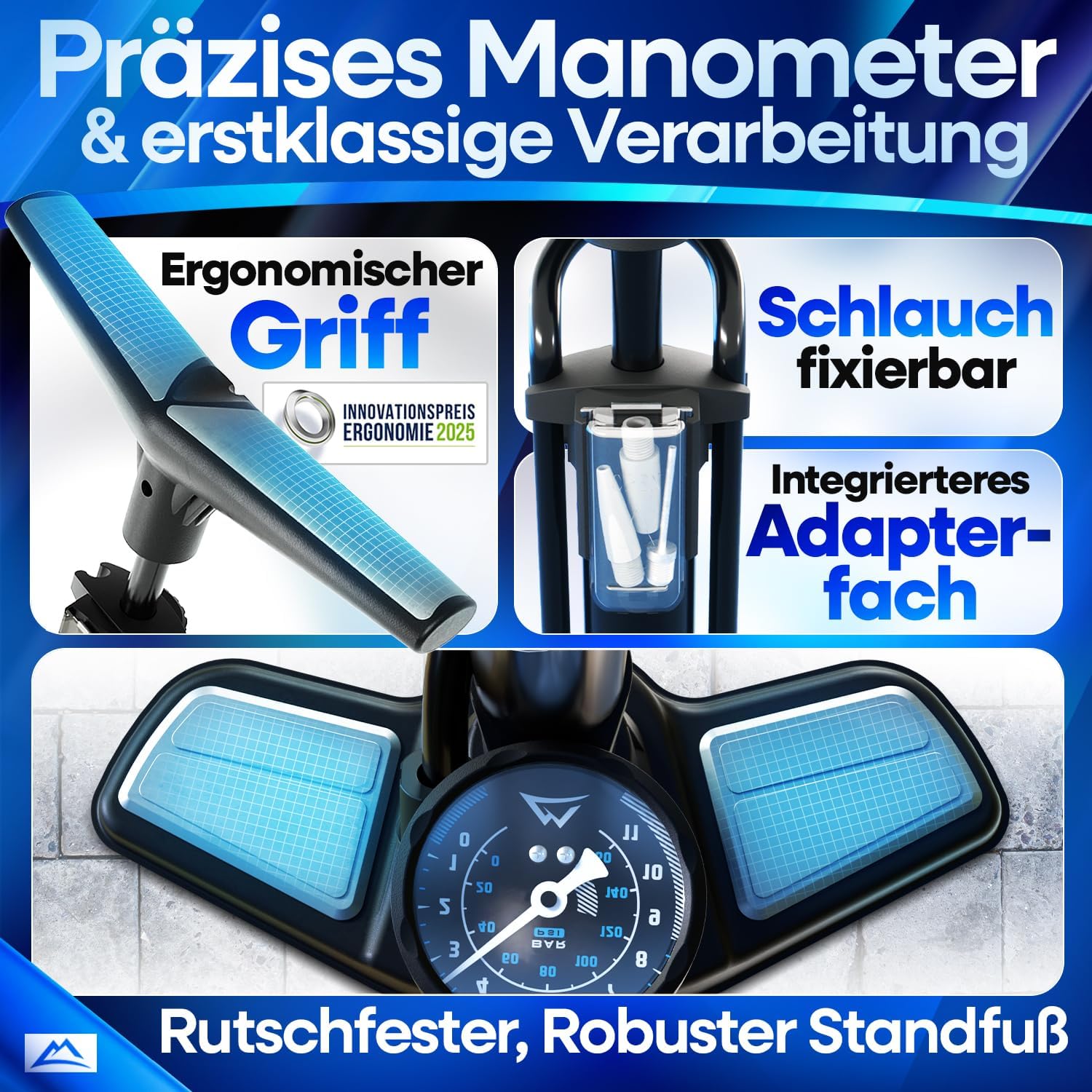NEXTCOVER Fahrradpumpe Alle Ventile mit Airflow-Technologie Pumpe für Autoventil Presta Ventil & Dunlopventil I Standluftpumpe Fahrrad mit Manometer Luftpumpe Fahrrad