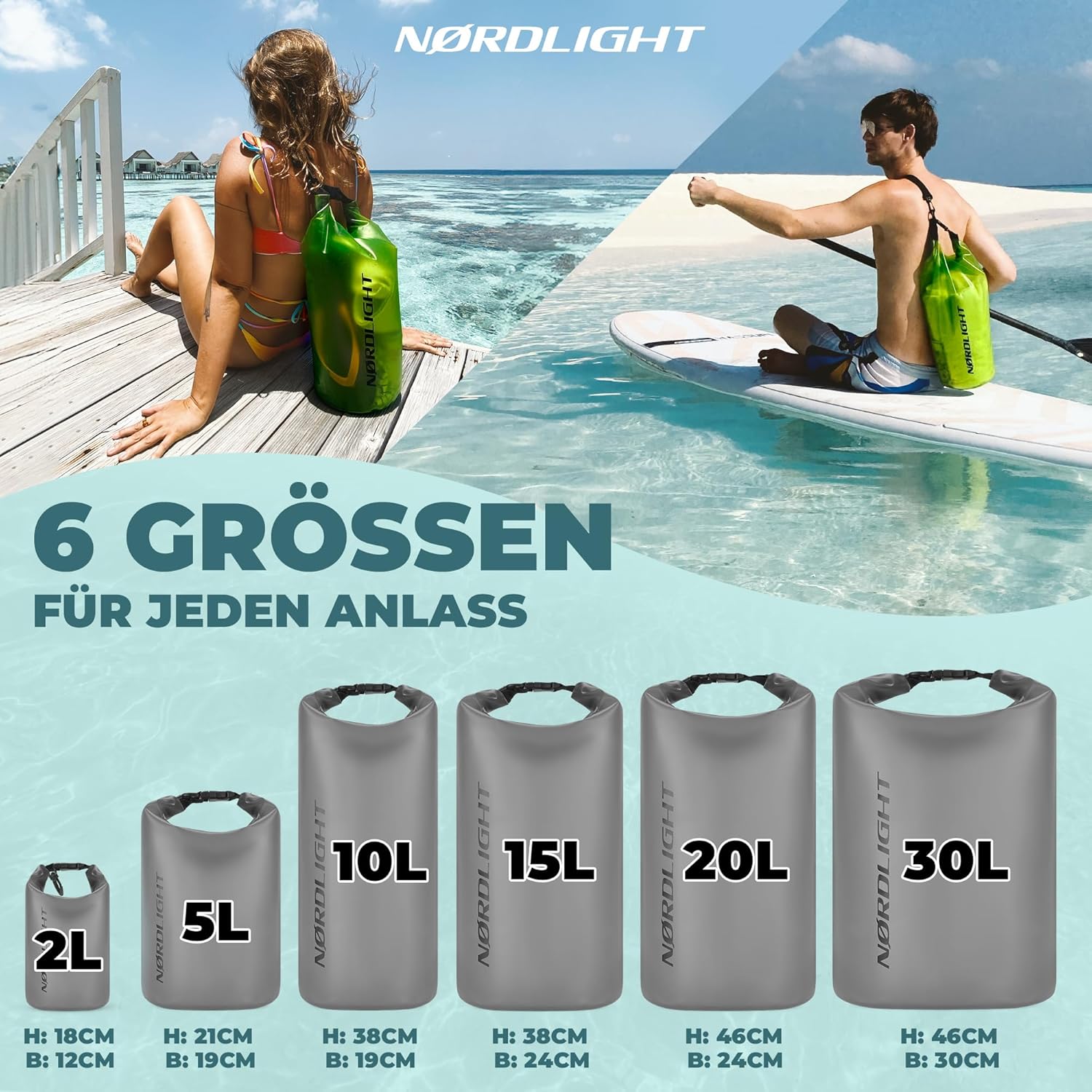 Nordlight Wasserdichter Rucksack Dry Bag 2L - Roll Top Rucksack Kurierrucksack grau