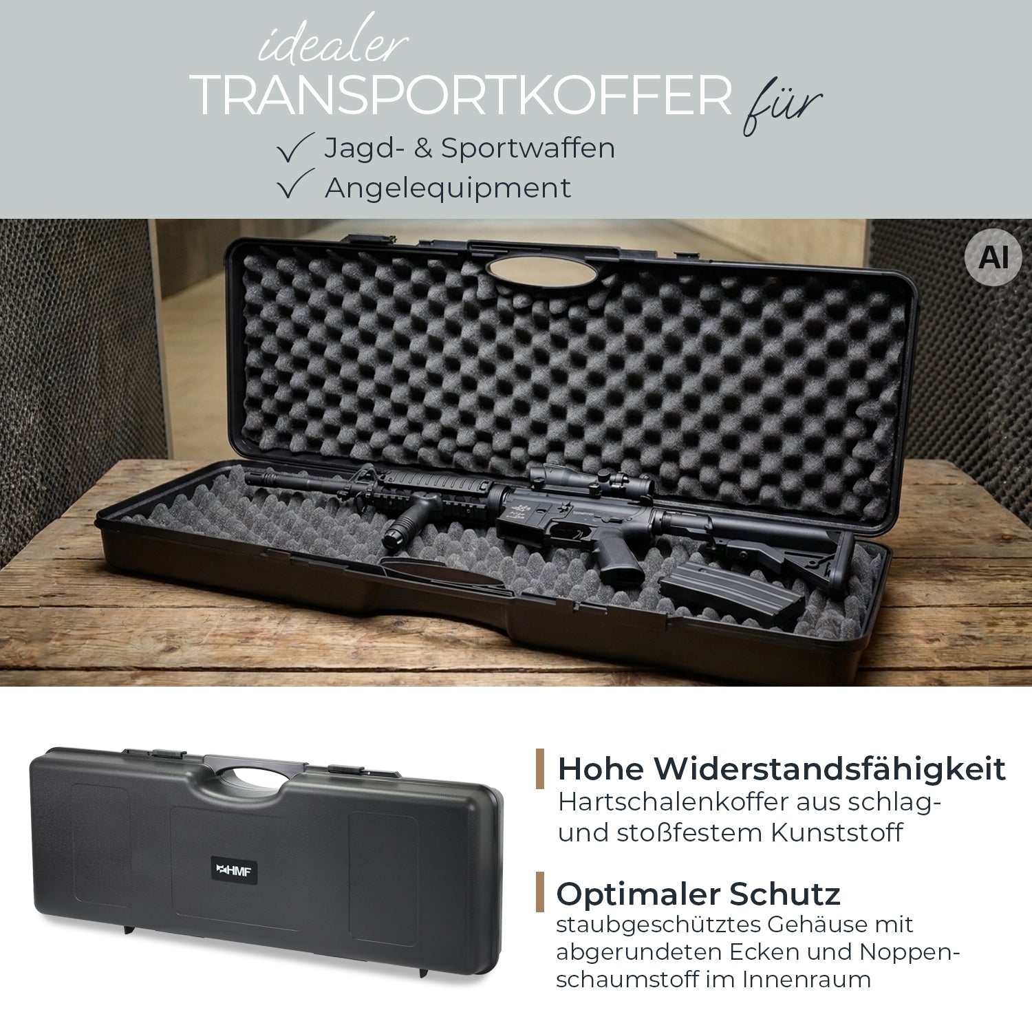 Transportkoffer, Hartschalenkoffer, schwarzer Kunststoff, Noppenschaumstoff, stoßfestes Gehäuse