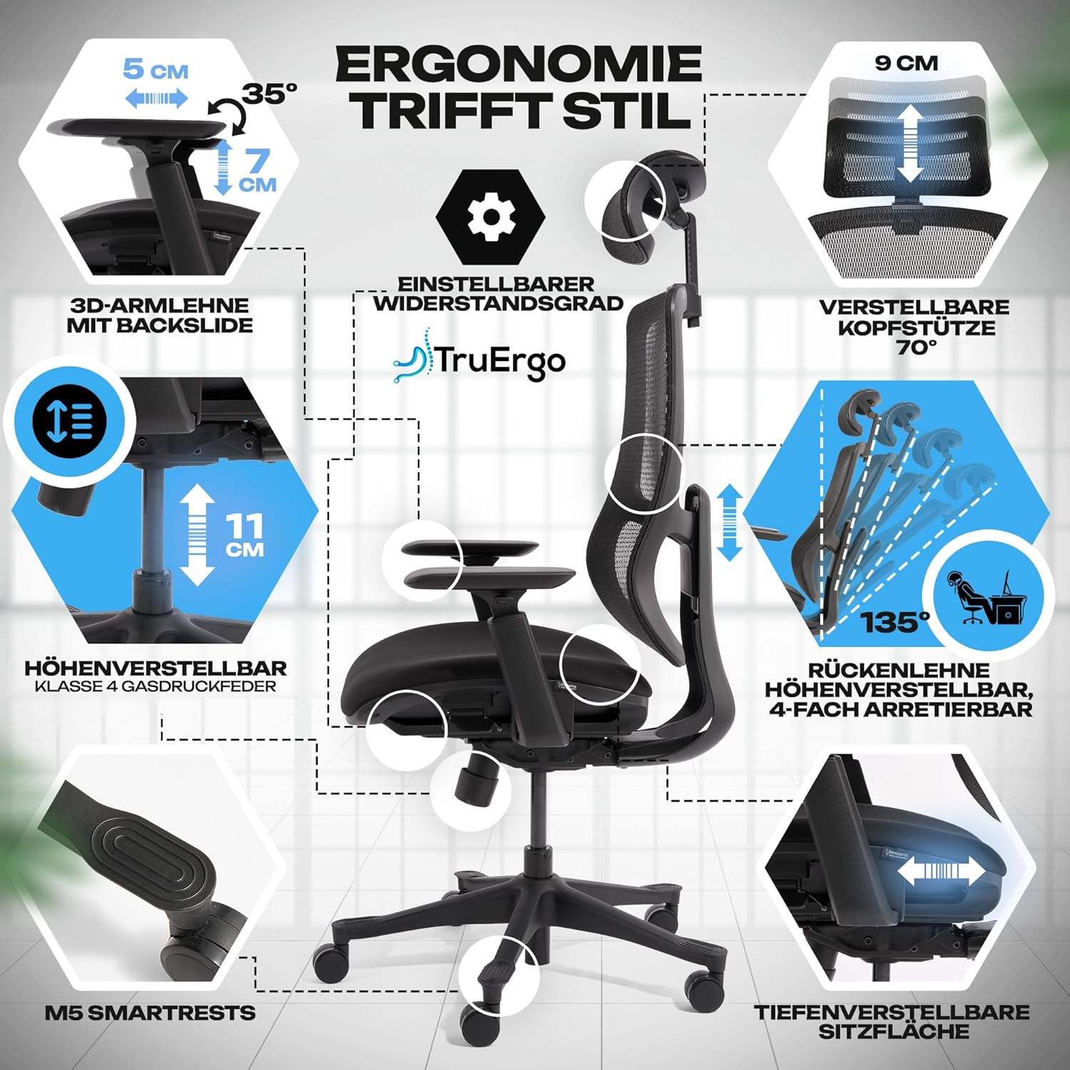 VALKENSTOL M5 Ergonomischer Bürostuhl 150 kg Schreibtischstuhl schwarz