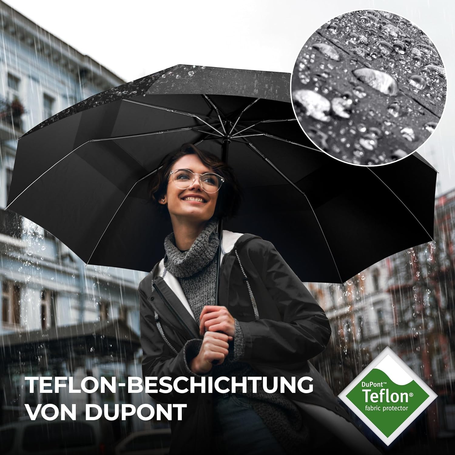 Wilford & Sons Regenschirm Taschenschirm Sturmfest + Auf-Zu Automatik Reiseschirm Taschenregenschirm Golfschirm Umbrella schwarz