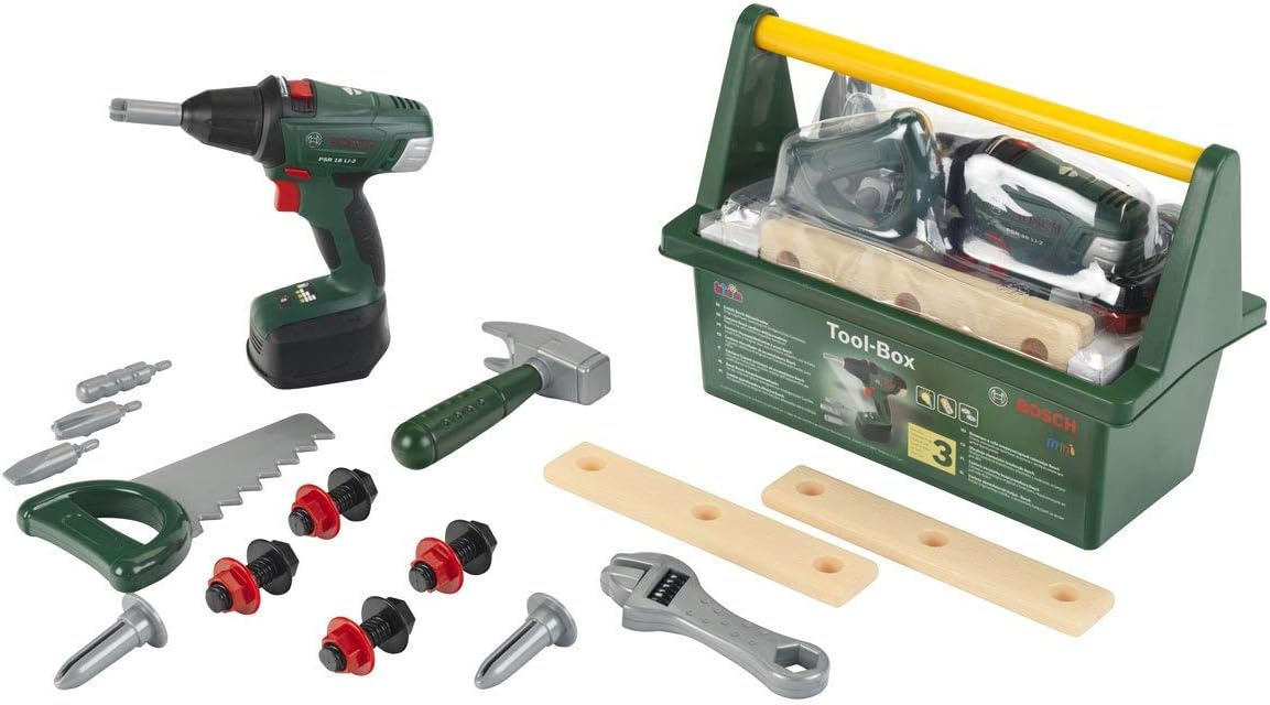 Theo Klein 8520 Bosch Werkzeug Box mit Akkuschrauber mit Licht und Sound Spielzeug